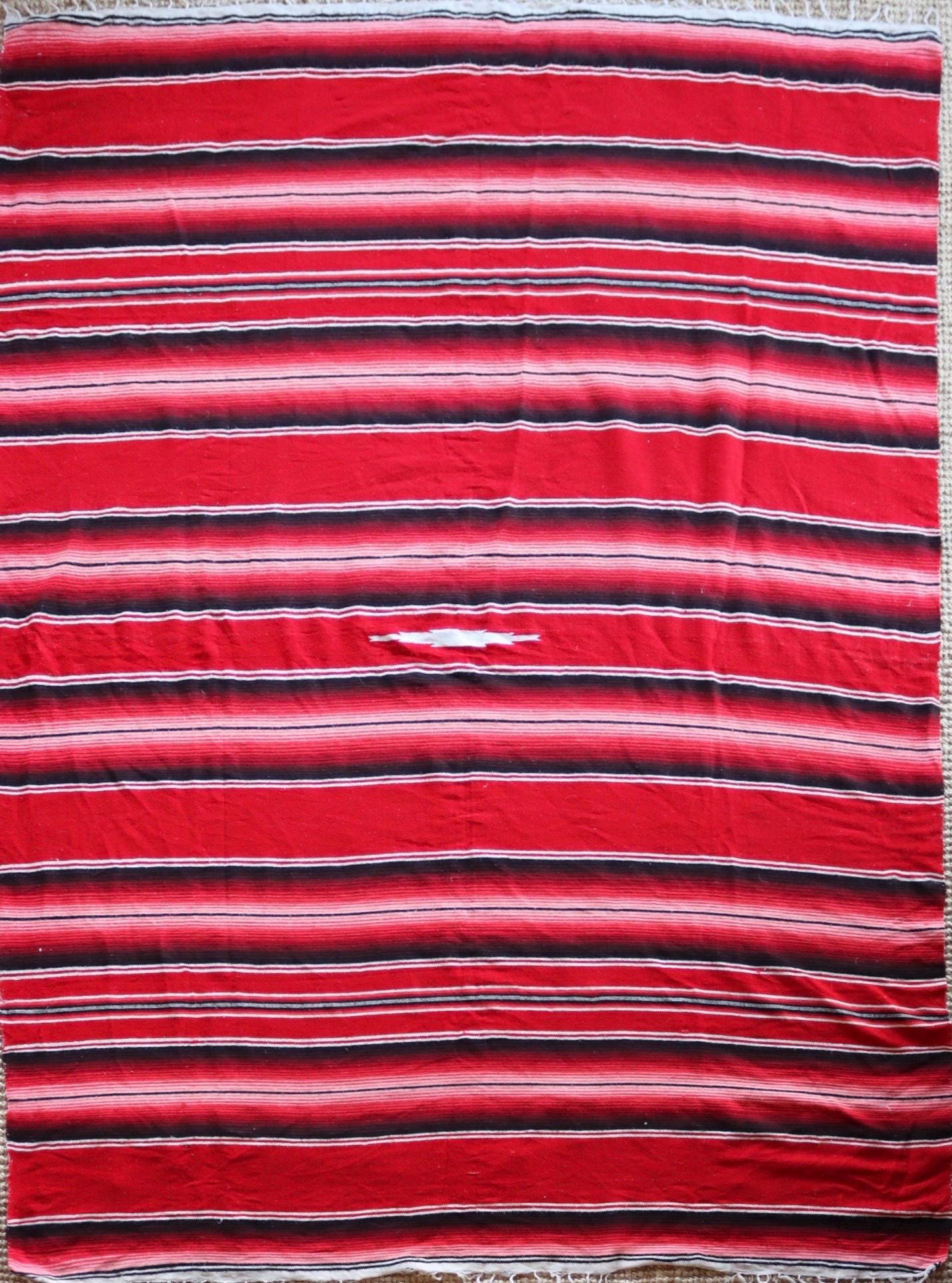 Vintage red white black Mexican South Western woven falsa blanket rug picnic camping sofa wall hanging 79" x 59" car van
