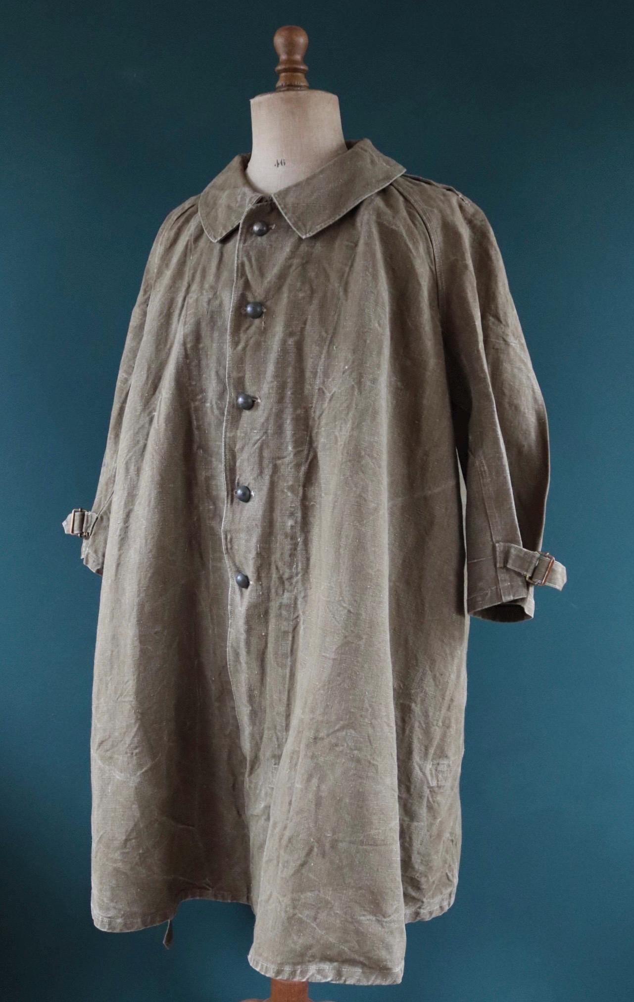 Vintage WW2 French dispatch rider coat 1930s belted green khaki linen overcoat motorcycle long jacket military army M35 M-35
