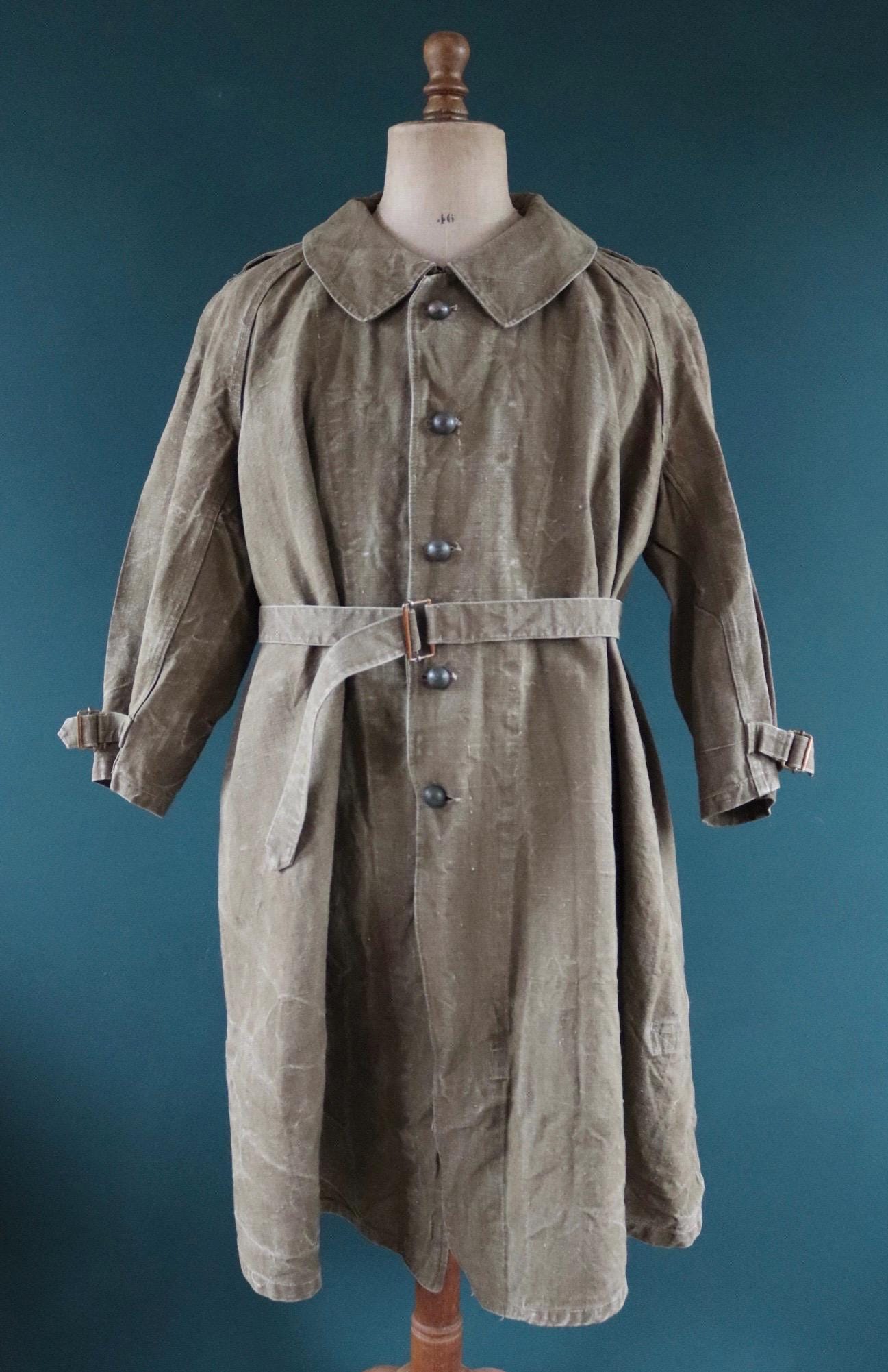 Vintage WW2 French dispatch rider coat 1930s belted green khaki linen overcoat motorcycle long jacket military army M35 M-35