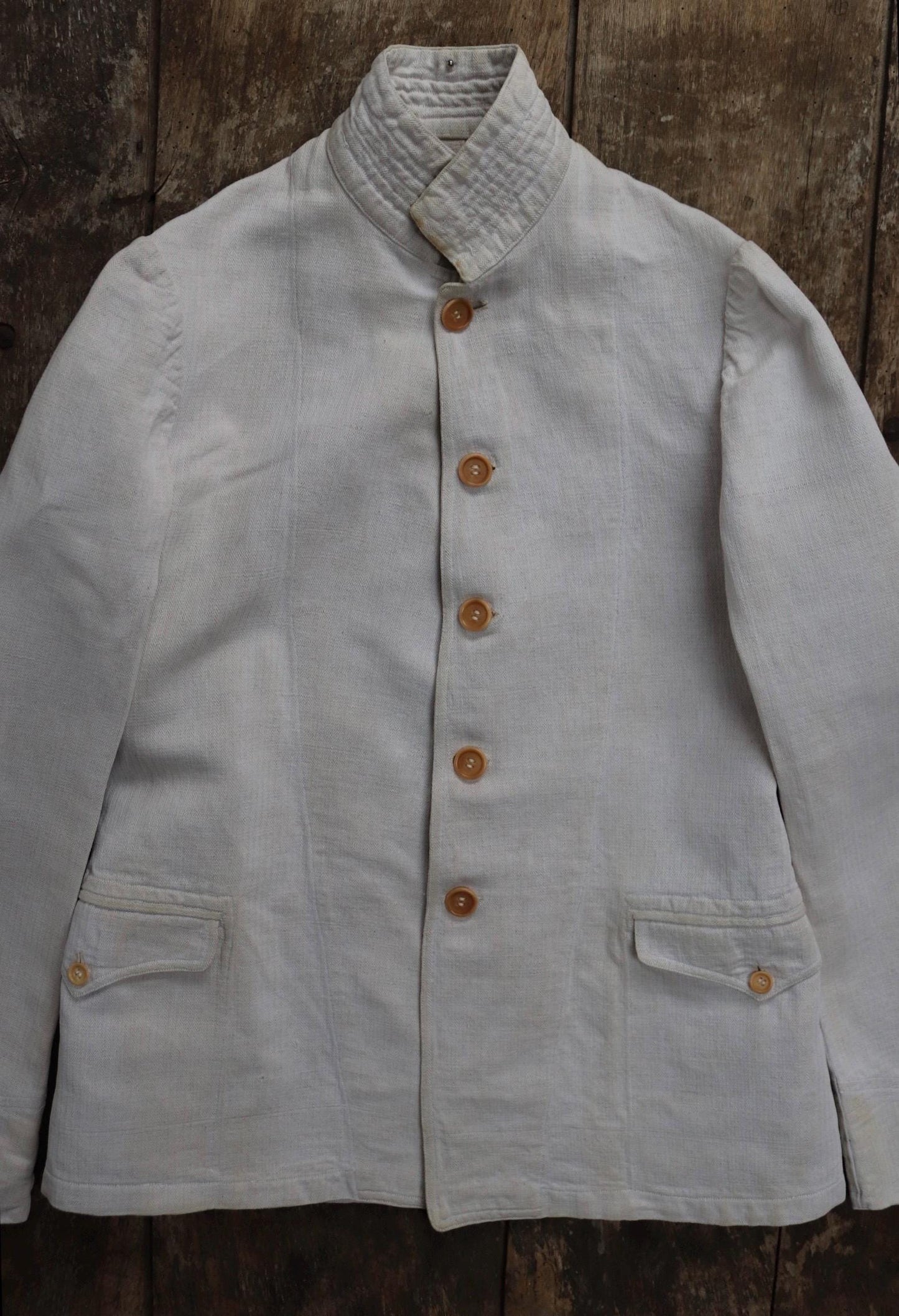 Antique WW1 French linen jacket vintage military 1910s army bourgeron work workwear 34” chest ecru white herringbone