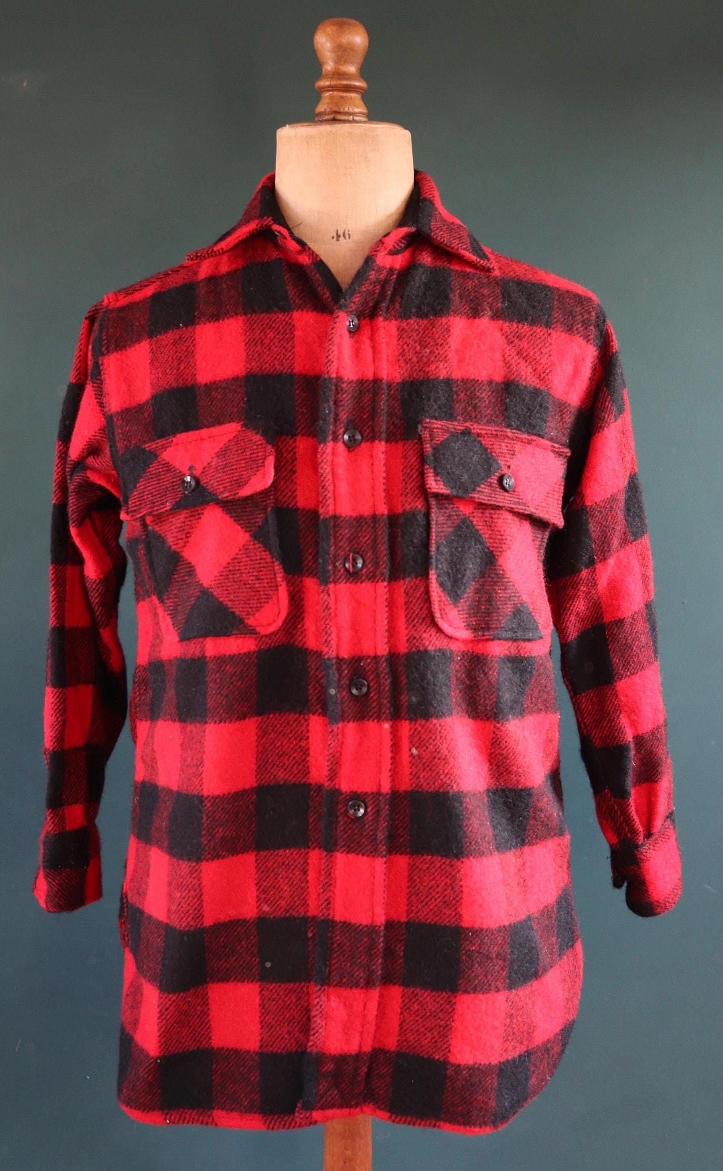 Vintage 1960s 60s 1970s 70s red black buffalo plaid thick wool shirt 5 Brothers 42” chest hunting camping workwear hunting logger