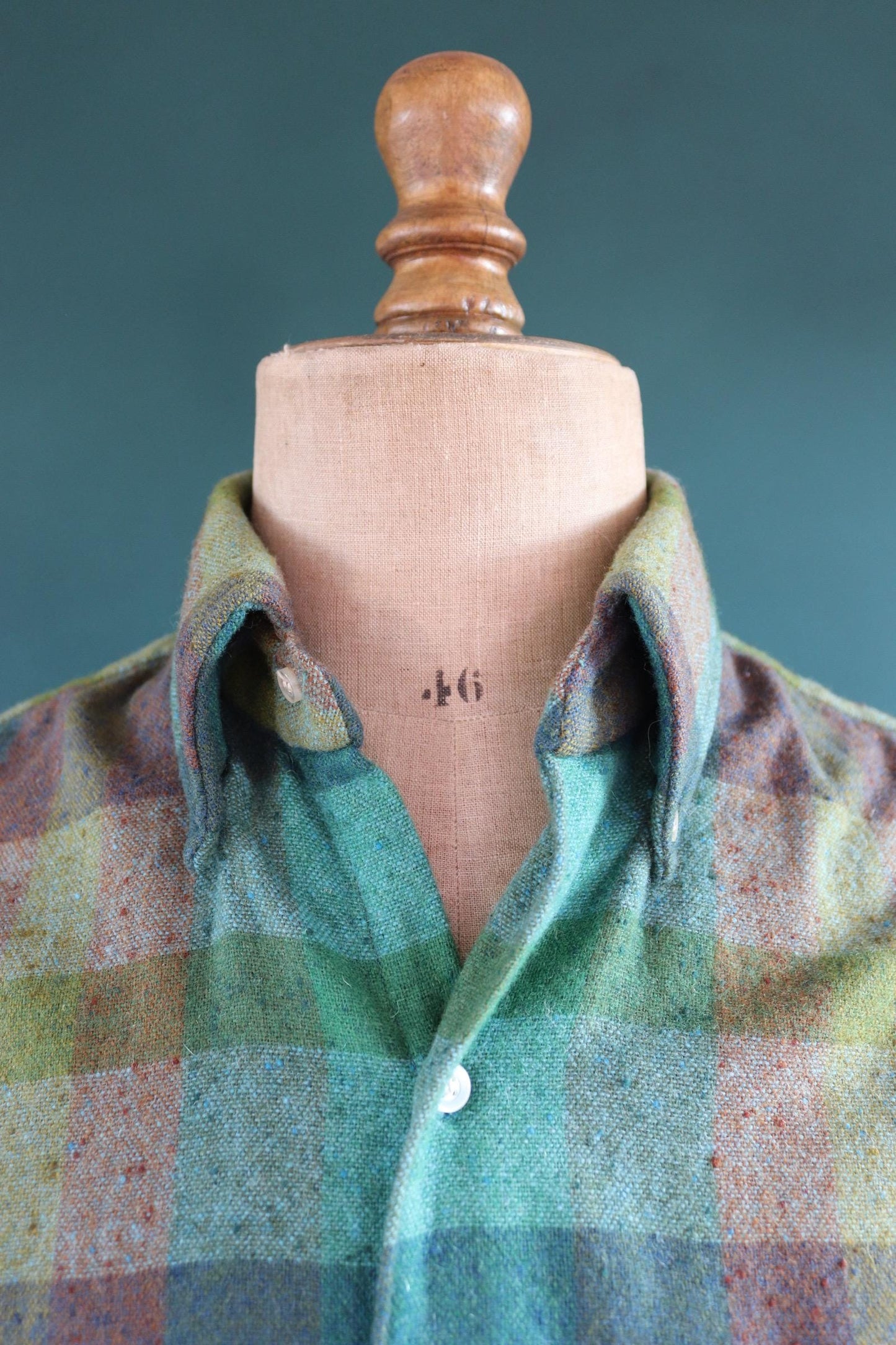 Vintage 1970s 70s Kennington California nubby windowpane checked short sleeve button down collar shirt green teal blue 44" chest Ivy style