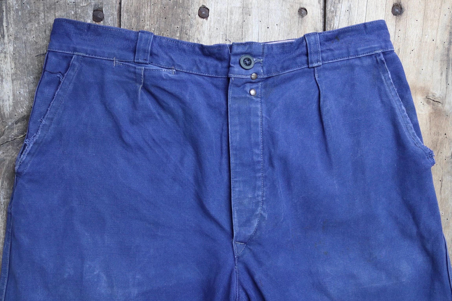 Vintage French workwear trousers pants indigo cotton twill 1940s 1950s work chore 32” x 27”