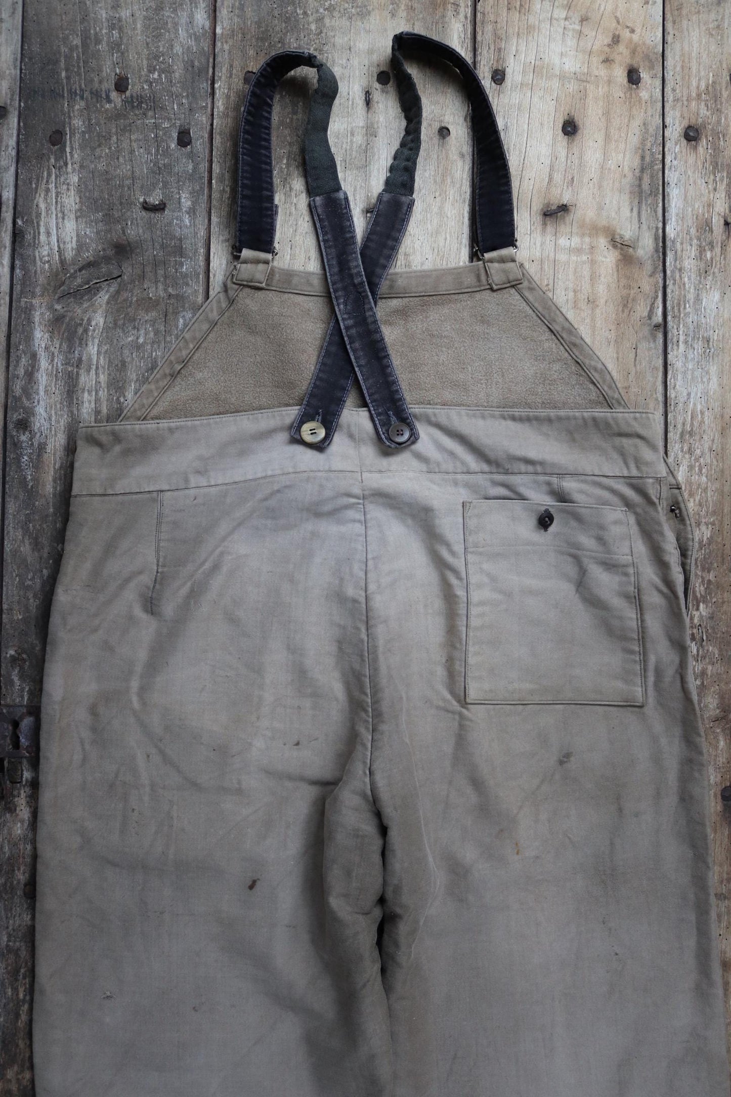Vintage French workwear overalls dungarees 1950s moleskin brown work chore patched repaired darned 42” x 30”