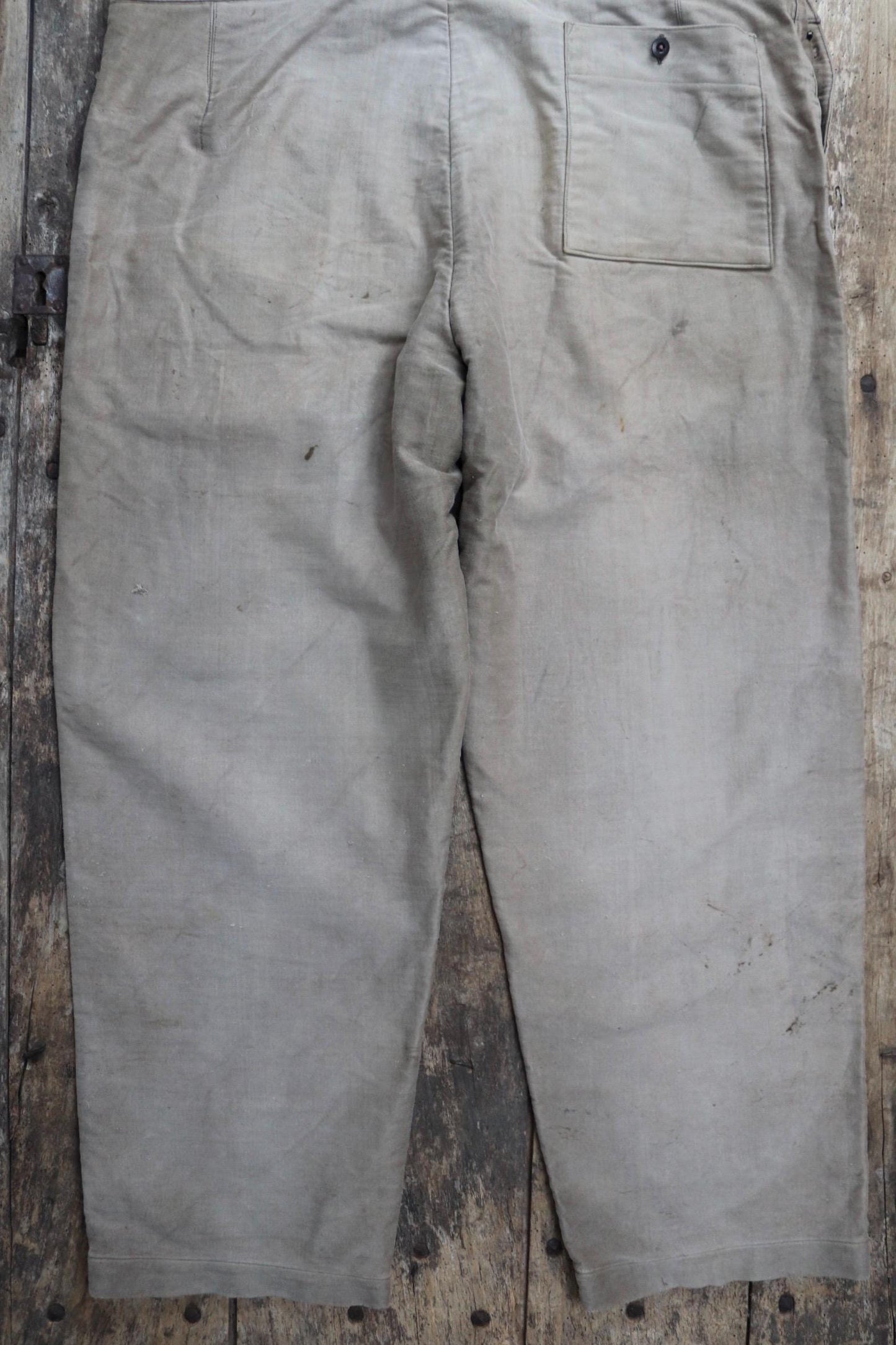 Vintage French workwear overalls dungarees 1950s moleskin brown work chore patched repaired darned 42” x 30”