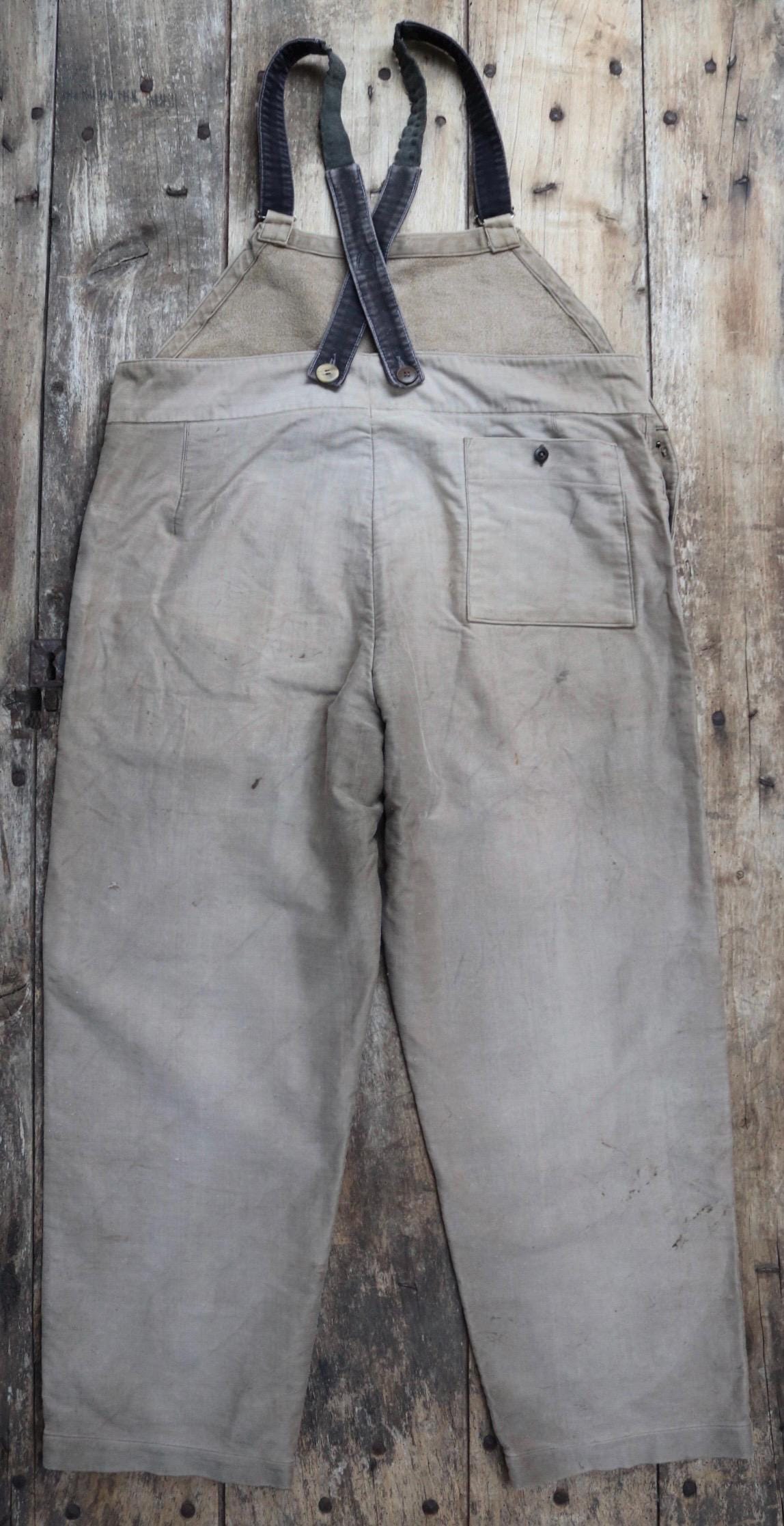 Vintage French workwear overalls dungarees 1950s moleskin brown work chore patched repaired darned 42” x 30”