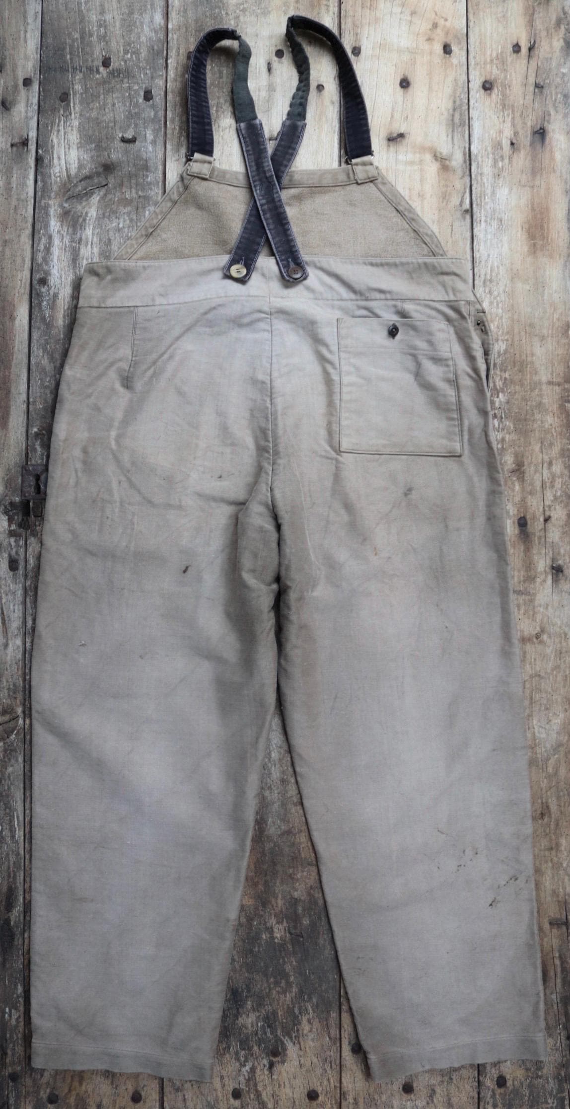 Vintage French workwear overalls - 1950s brown moleskin dungarees - patched repaired darned - 42” x 30”