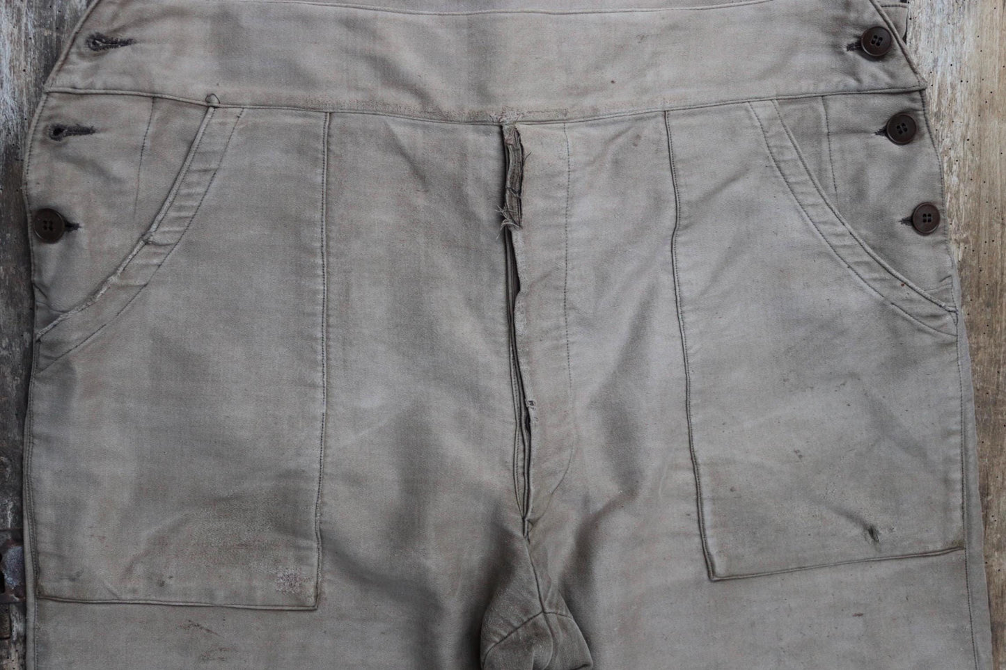 Vintage French workwear overalls dungarees 1950s moleskin brown work chore patched repaired darned 42” x 30”