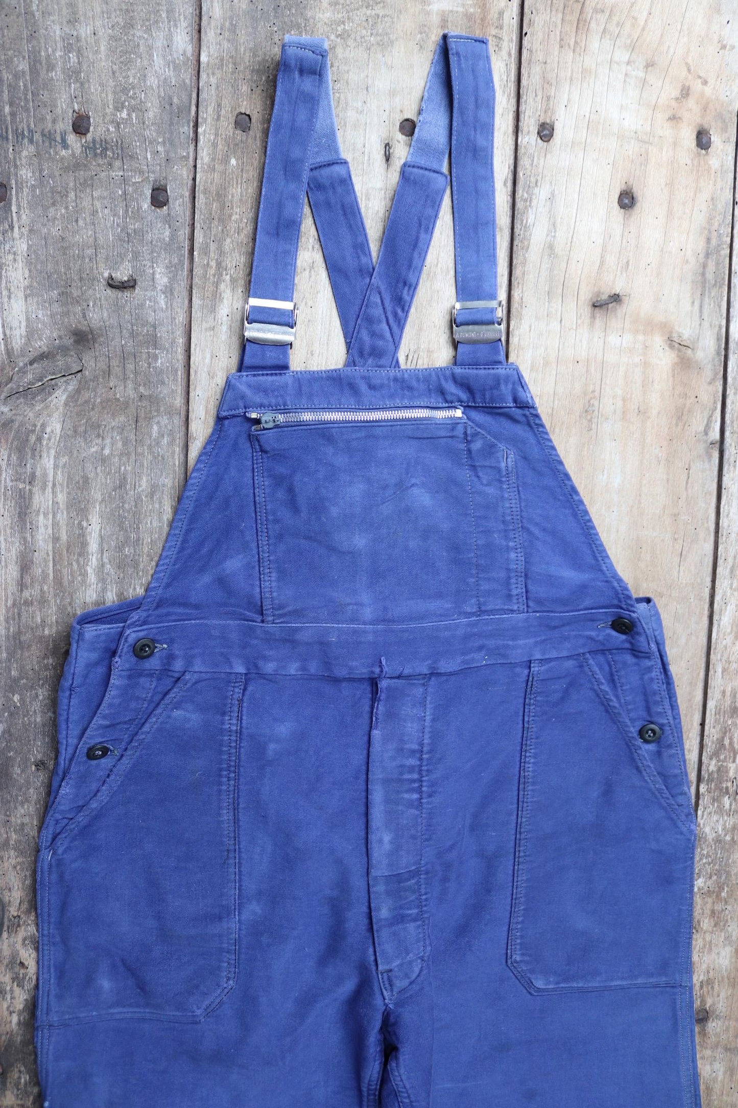 Vintage French workwear overalls dungarees moleskin 1960s work chore bib brace 37” x 28” bleu de travail repaired darned