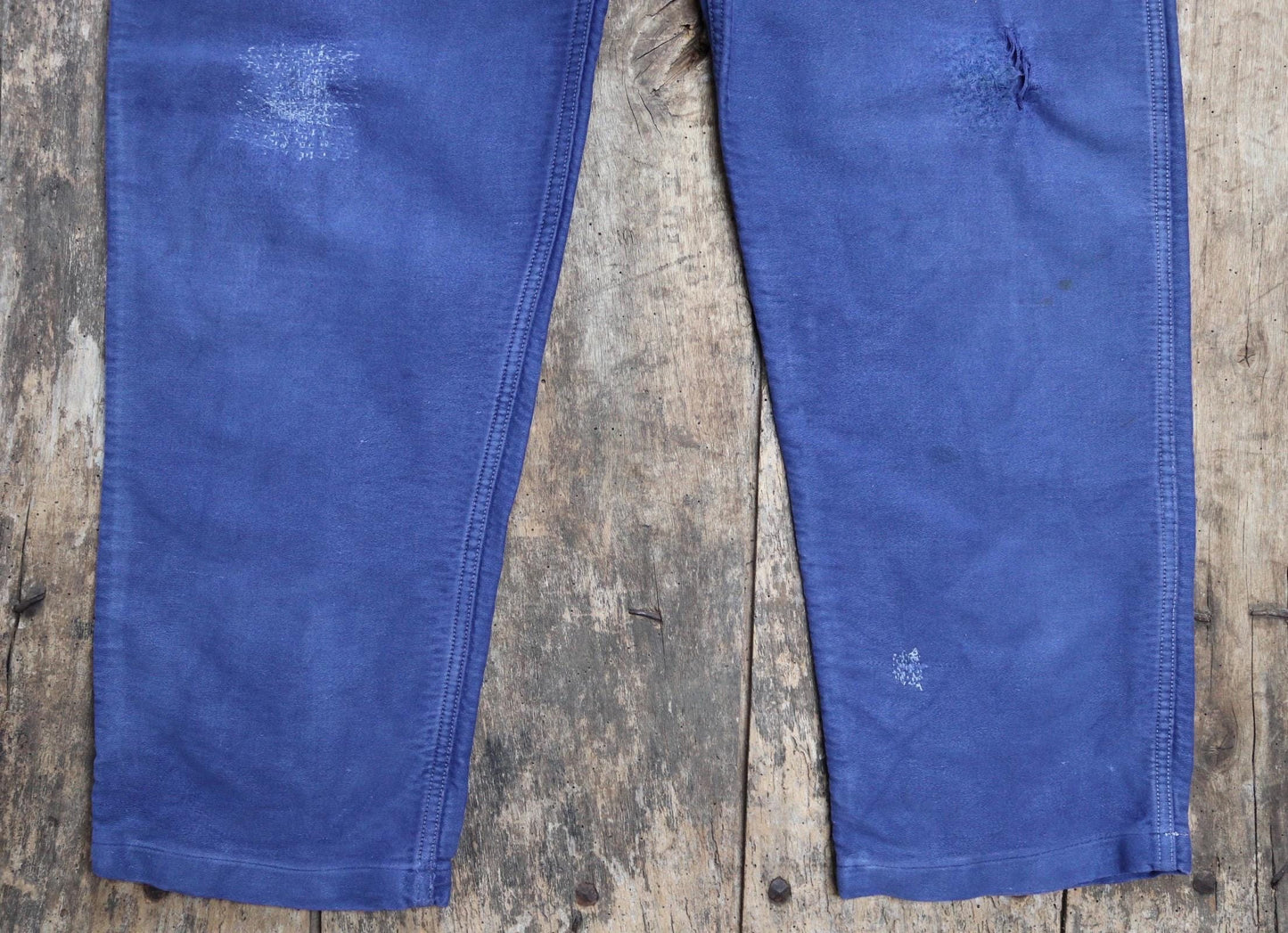 Vintage French workwear overalls dungarees moleskin 1960s work chore bib brace 37” x 28” bleu de travail repaired darned