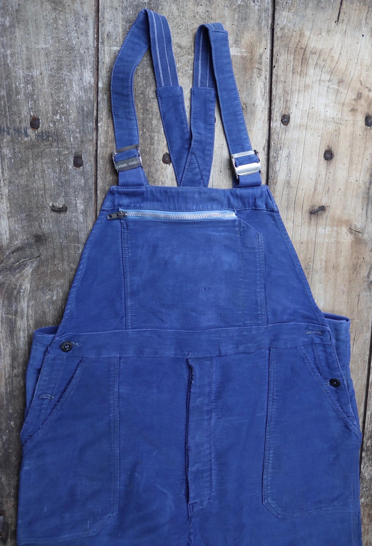 Vintage French workwear overalls dungarees moleskin work chore bib brace 37” x 28” bleu de travail repaired darned 1960s