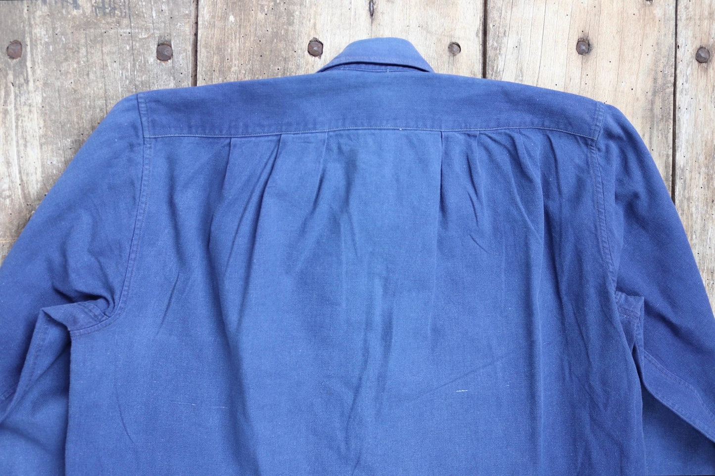 Vintage French workwear shirt 1940s indigo blue cotton work smock pop over 40” chest chore sun faded