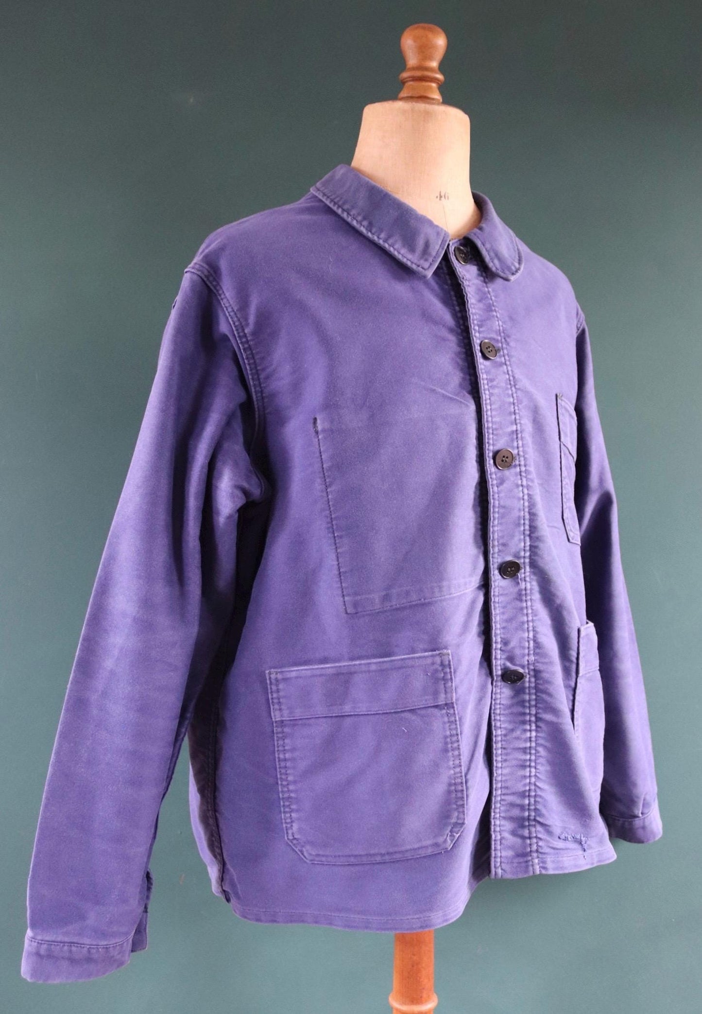 Vintage French workwear jacket blue moleskin 1960s 1970s Adolphe Lafont work chore faded 50” chest bleu de travail