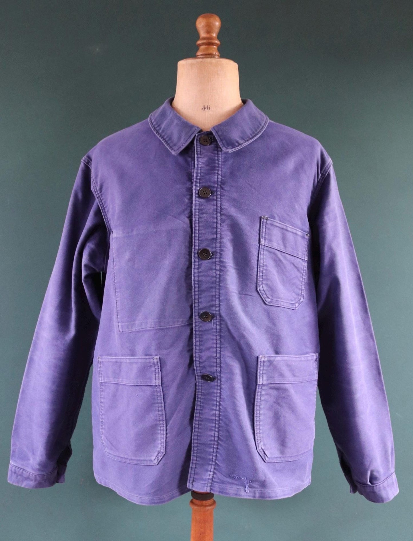 Vintage French workwear jacket blue moleskin 1960s 1970s Adolphe Lafont work chore faded 50” chest bleu de travail