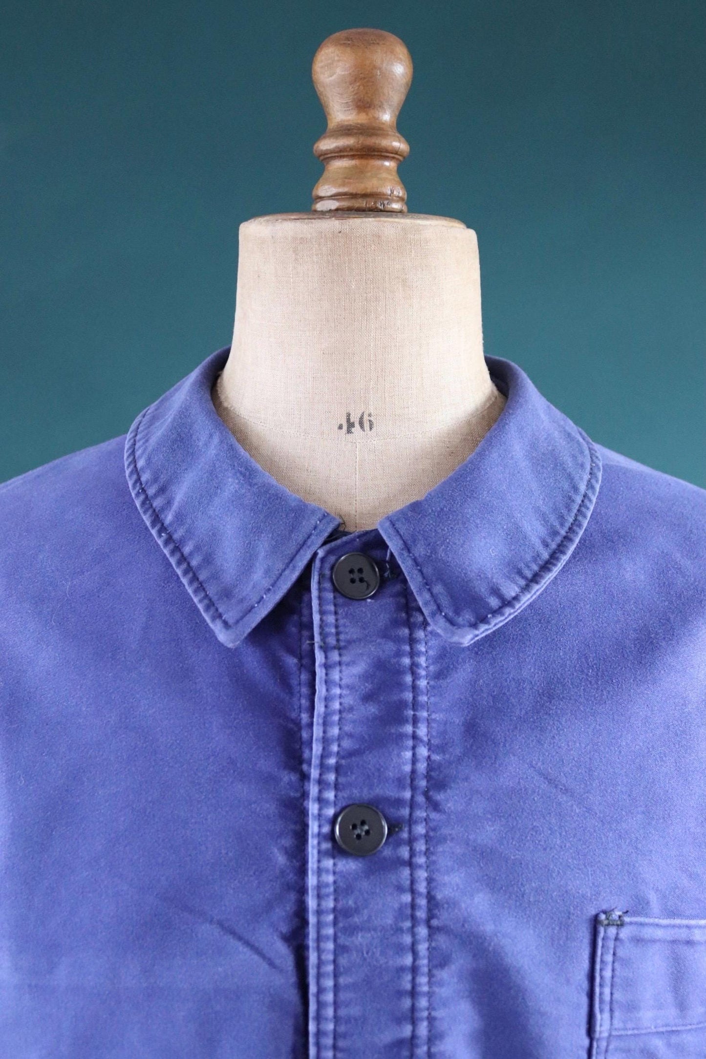 Vintage French workwear jacket blue moleskin 1960s 1970s Adolphe Lafont work chore faded 50” chest bleu de travail