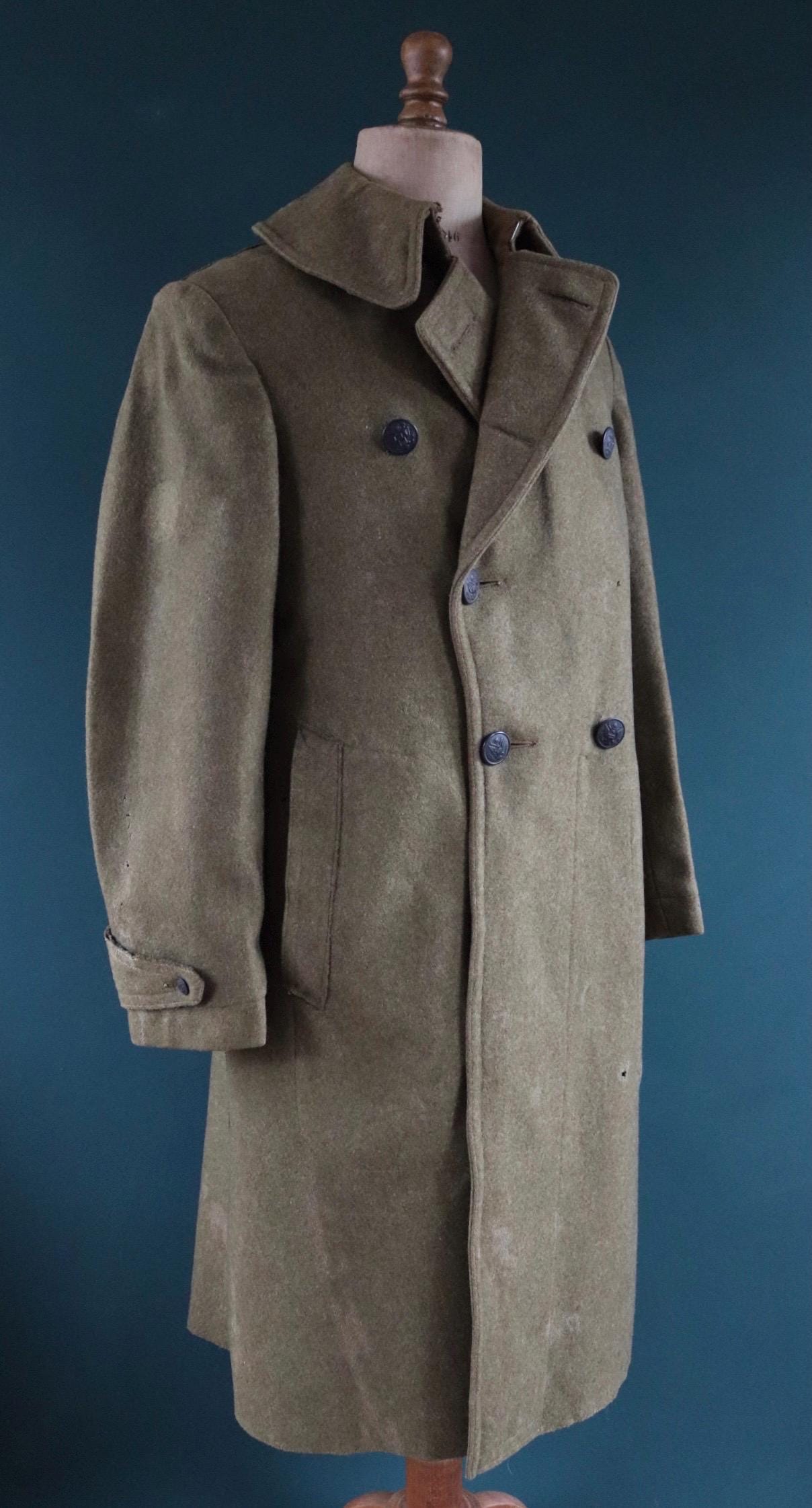 Vintage antique 1910s 10s WW1 M1917 M 1917 US army military doughboy khaki green wool trench great coat overcoat 42” chest