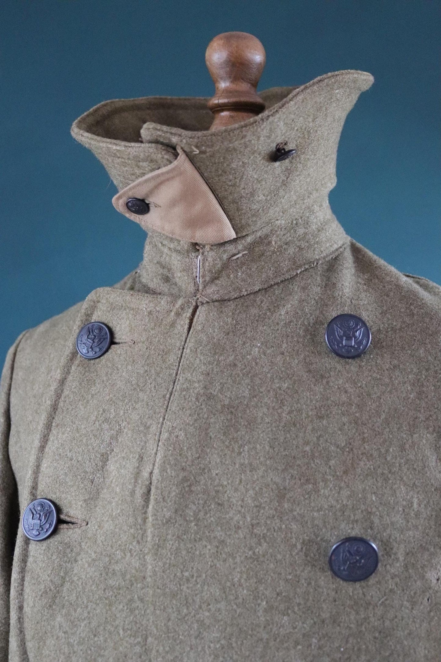 Vintage antique 1910s 10s WW1 M1917 M 1917 US army military doughboy khaki green wool trench great coat overcoat 42” chest