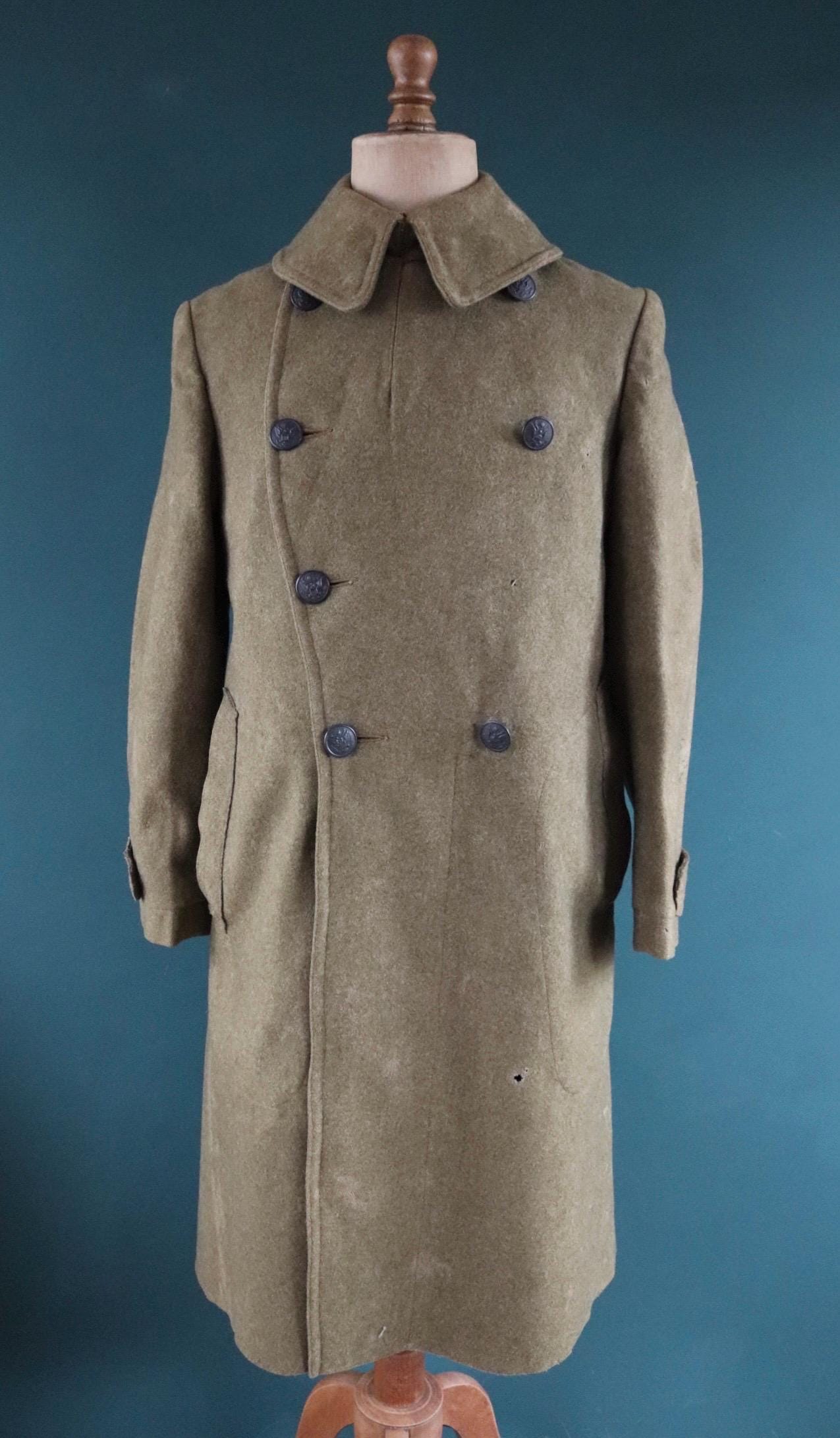 Vintage antique 1910s 10s WW1 M1917 M 1917 US army military doughboy khaki green wool trench great coat overcoat 42” chest