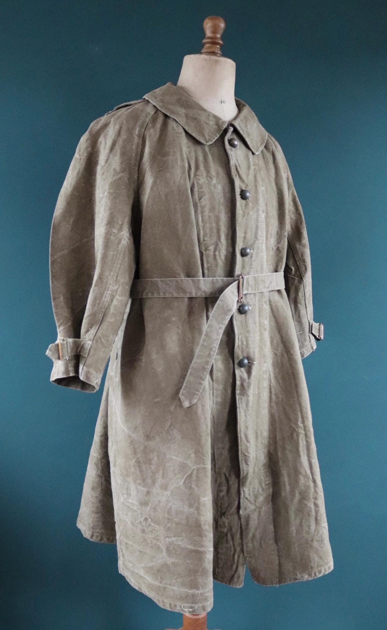Vintage WW2 French dispatch rider coat 1930s belted green khaki linen overcoat motorcycle long jacket military army M35 M-35