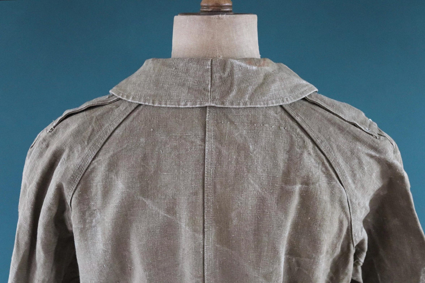 Vintage WW2 French dispatch rider coat 1930s belted green khaki linen overcoat motorcycle long jacket military army M35 M-35
