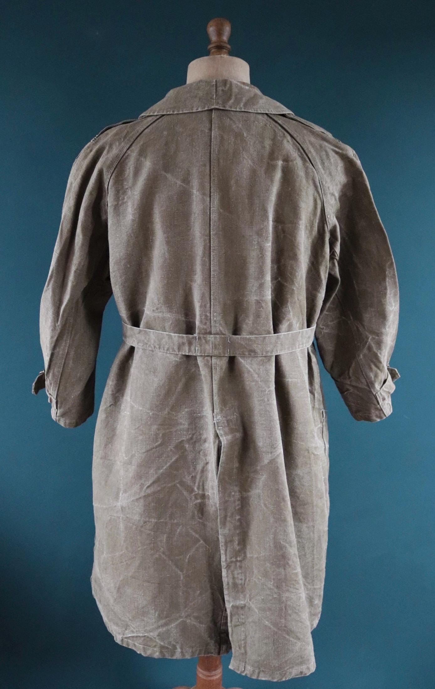 Vintage WW2 French dispatch rider coat 1930s belted green khaki linen overcoat motorcycle long jacket military army M35 M-35