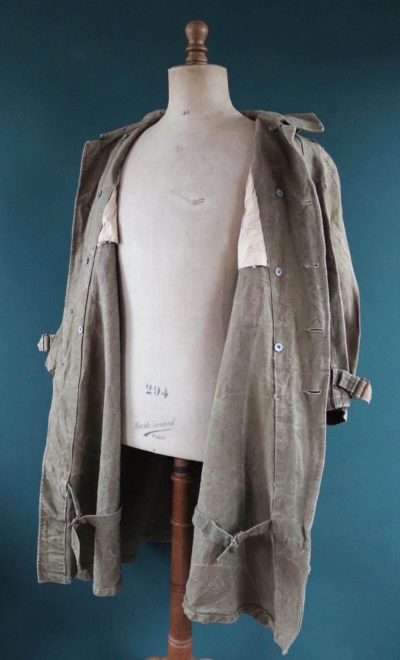 Vintage WW2 French dispatch rider coat 1930s belted green khaki linen overcoat motorcycle long jacket military army M35 M-35