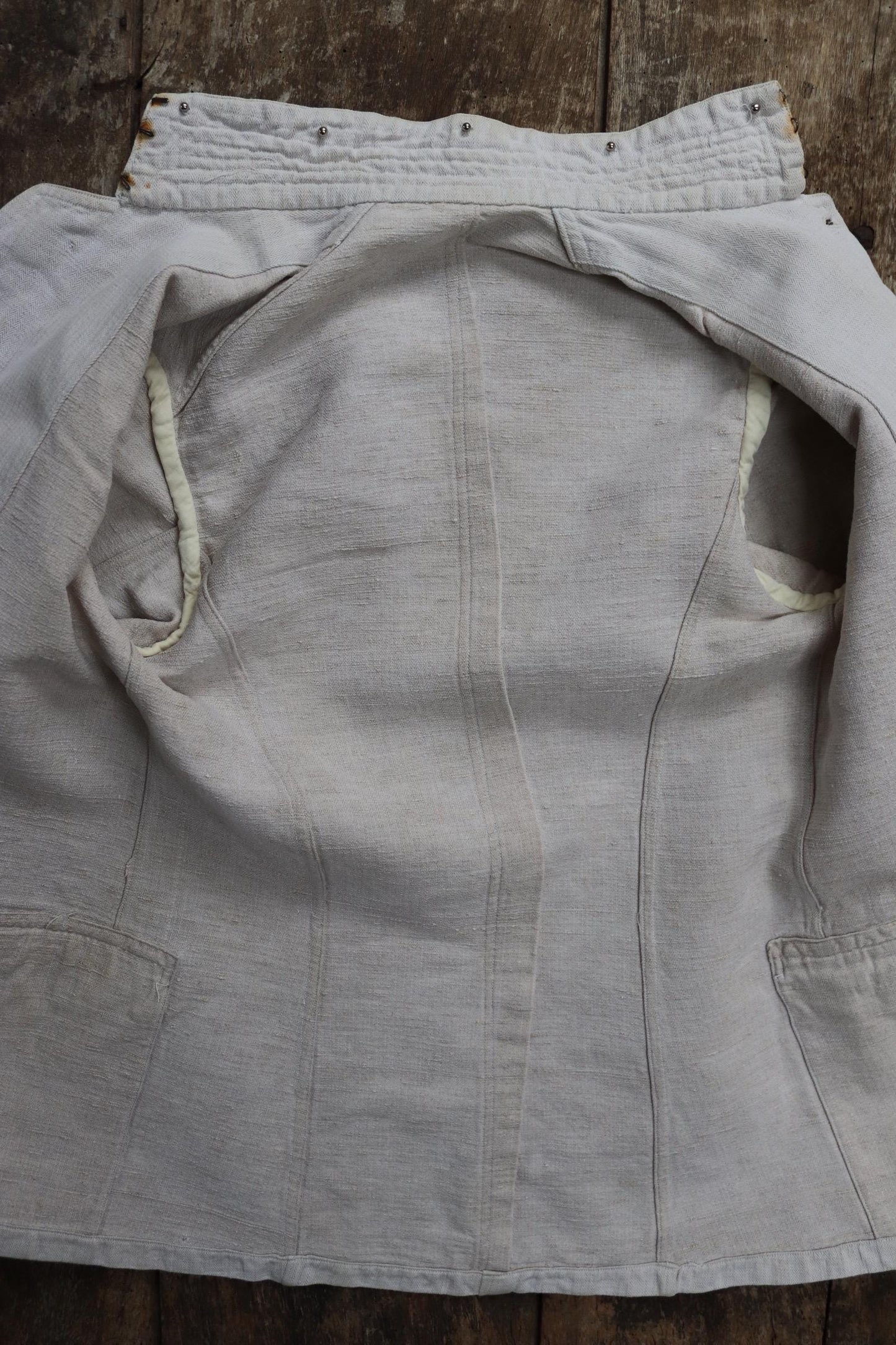 Antique WW1 French linen jacket vintage military 1910s army bourgeron work workwear 34” chest ecru white herringbone
