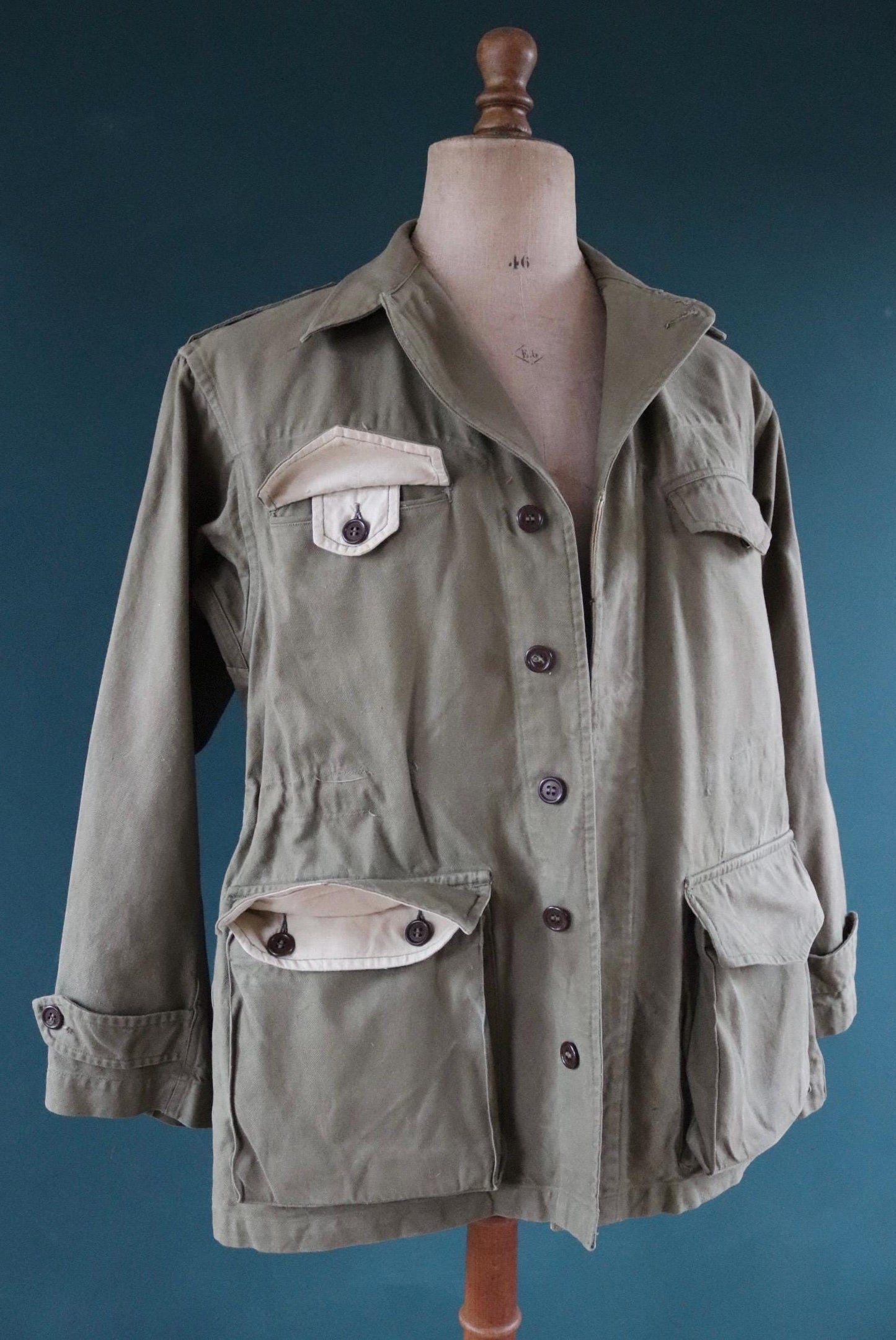 Vintage French army jacket 1950s M47 M 47 field utility military 44” chest khaki green