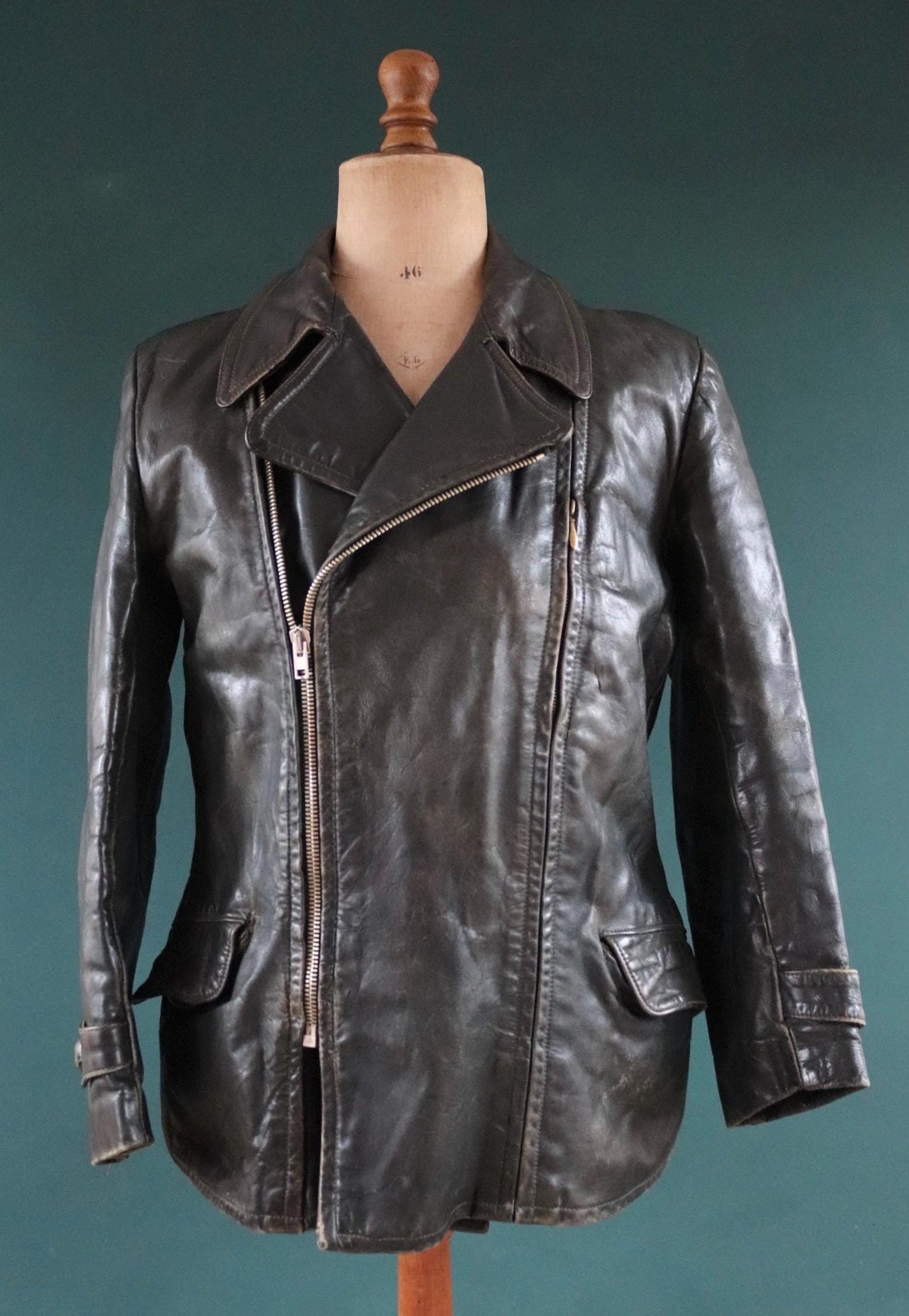 Vintage 1950s 50s 1960s 60s leather jacket German dark green horsehide biker motorcycle car coat 42” chest