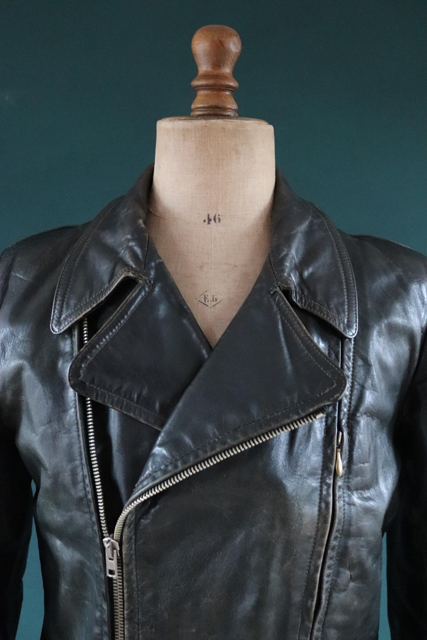 Vintage 1950s 50s 1960s 60s leather jacket German dark green horsehide biker motorcycle car coat 42” chest