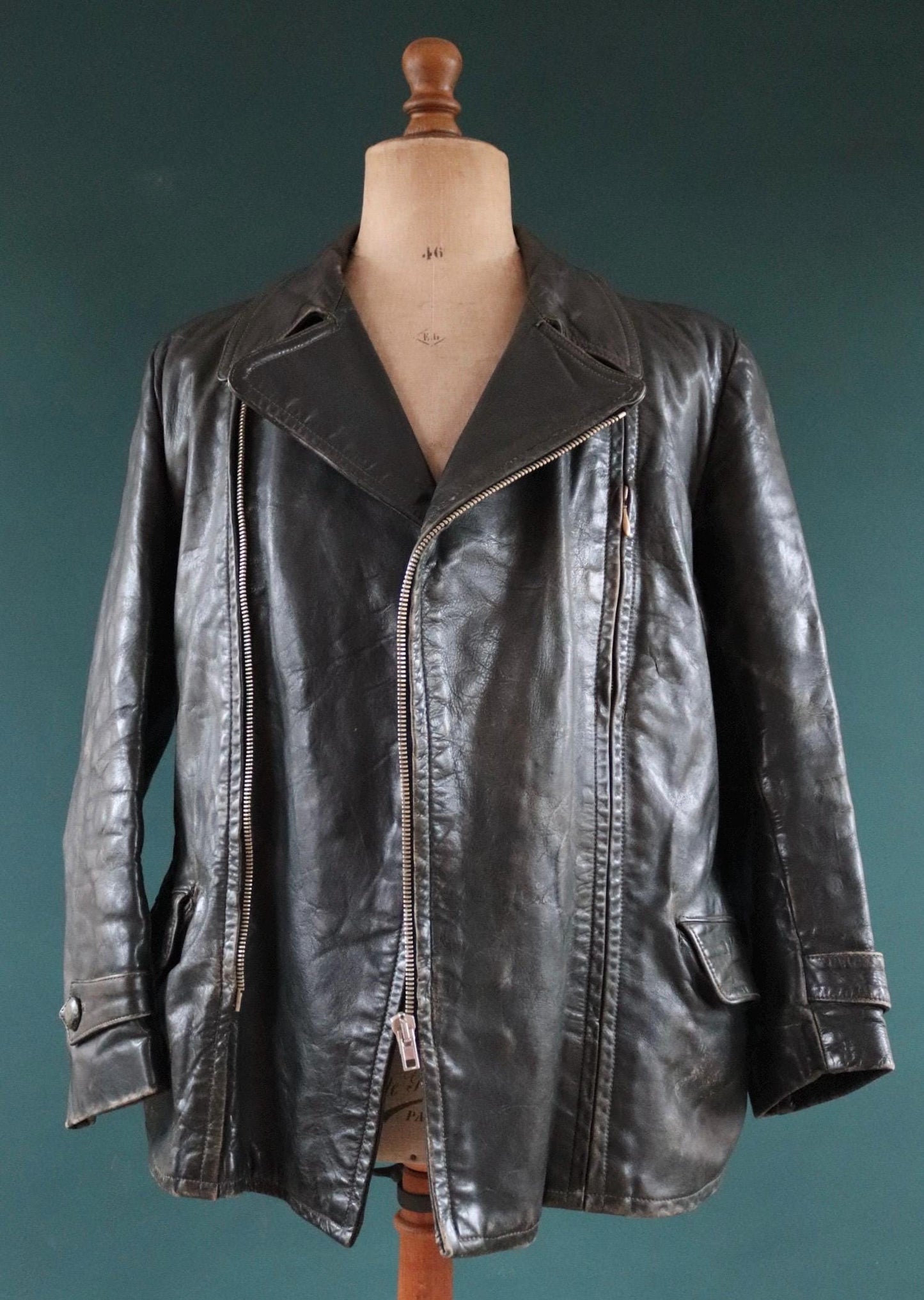 Vintage 1950s 50s 1960s 60s leather jacket German dark green horsehide biker motorcycle car coat 42” chest