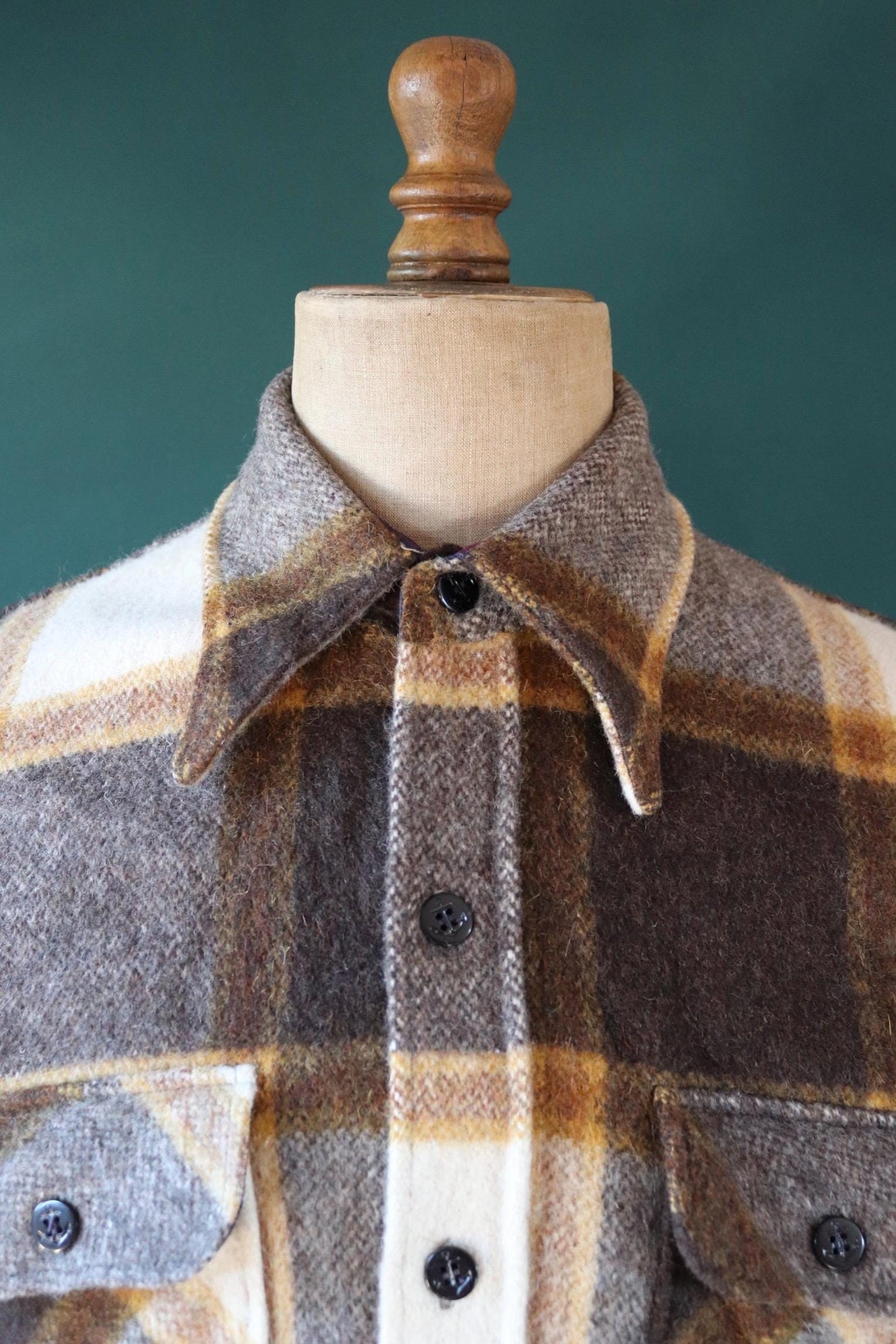 Vintage 1970s 70s his plaid checked cream brown camp shirt hiking camping CPO thick wool 48” chest logger workwear
