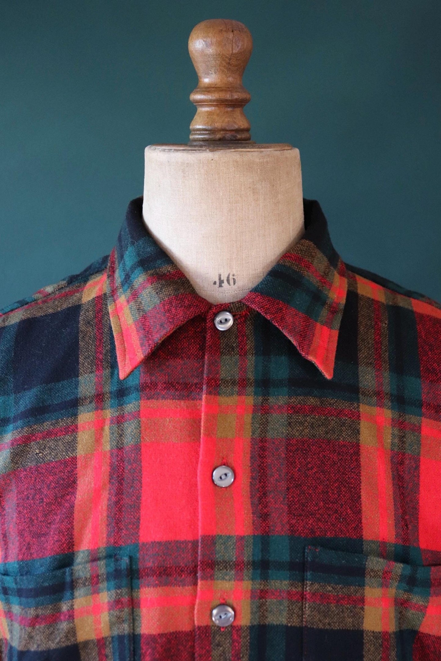Vintage 1960s 60s 1970s 70s Puritan plaid checked red green field camp shirt hiking camping wool 48” chest logger workwear