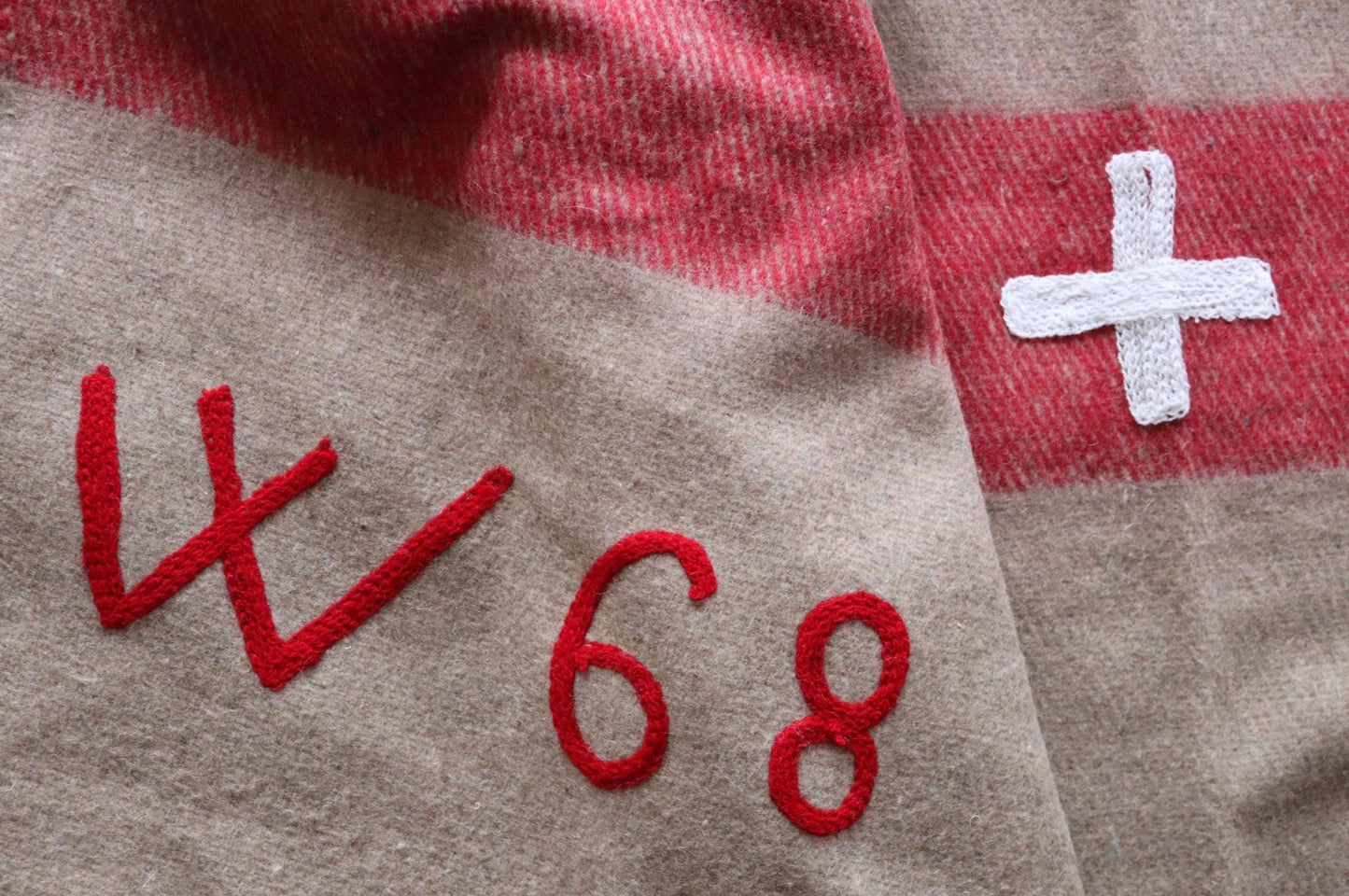 Vintage 1960s 60s Swiss army military rug blanket wool taupe red striped chain stitched log cabin camping sofa throw bed picnic