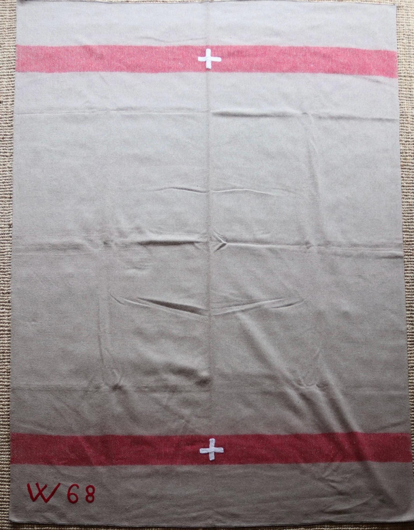 Vintage 1960s 60s Swiss army military rug blanket wool taupe red striped chain stitched log cabin camping sofa throw bed picnic