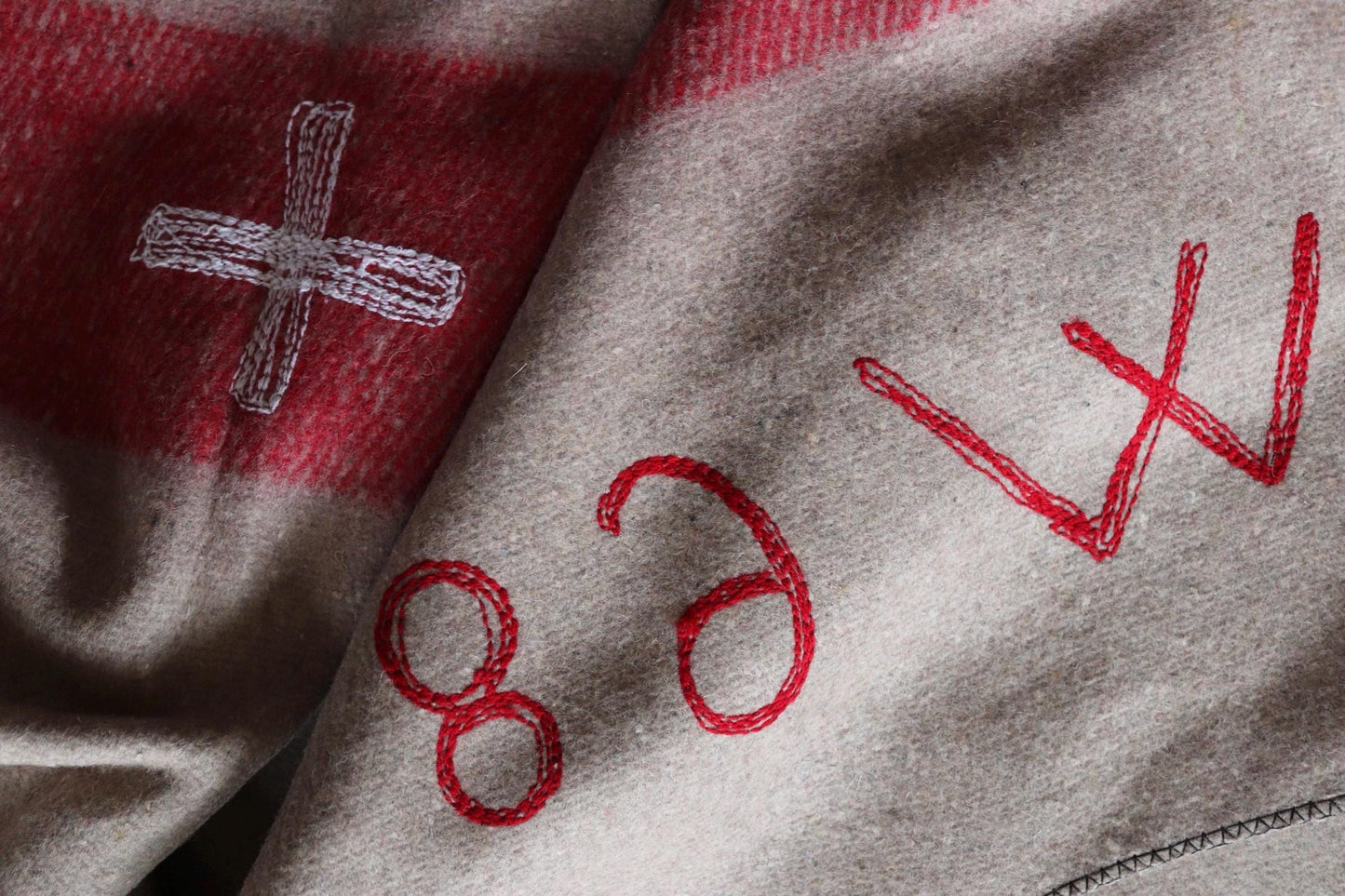 Vintage 1960s 60s Swiss army military rug blanket wool taupe red striped chain stitched log cabin camping sofa throw bed picnic