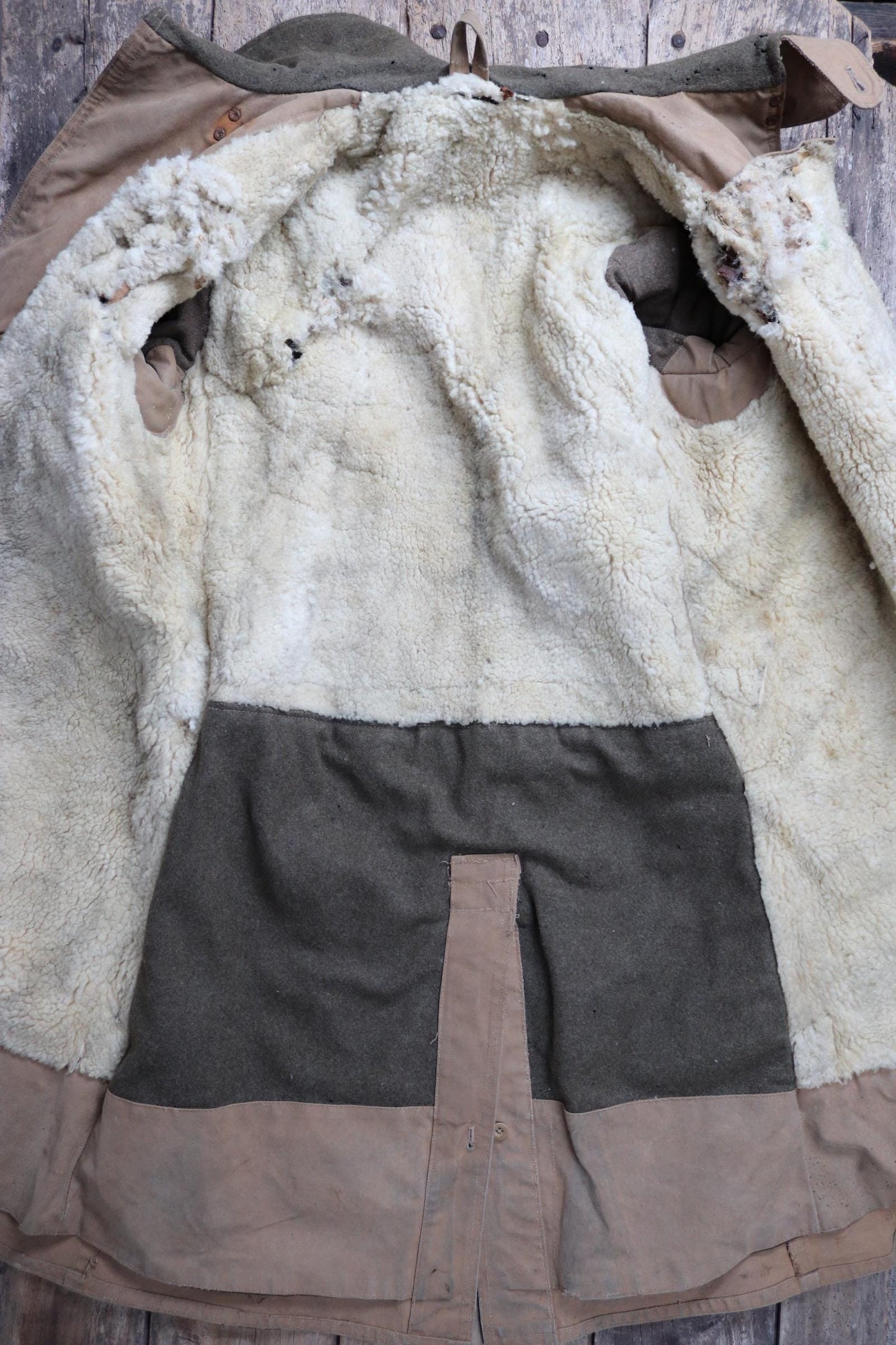 Vintage 1940s 40s WW2 British army military Tropal coat canvas sheepskin 49” chest work workwear chore shawl collar LRDG