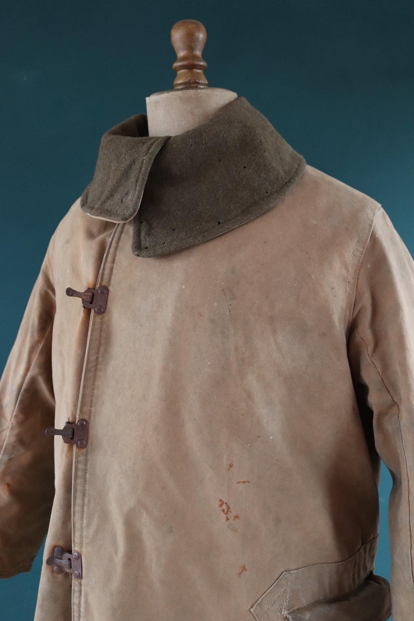 Vintage 1940s 40s WW2 British army military Tropal coat canvas sheepskin 49” chest work workwear chore shawl collar LRDG
