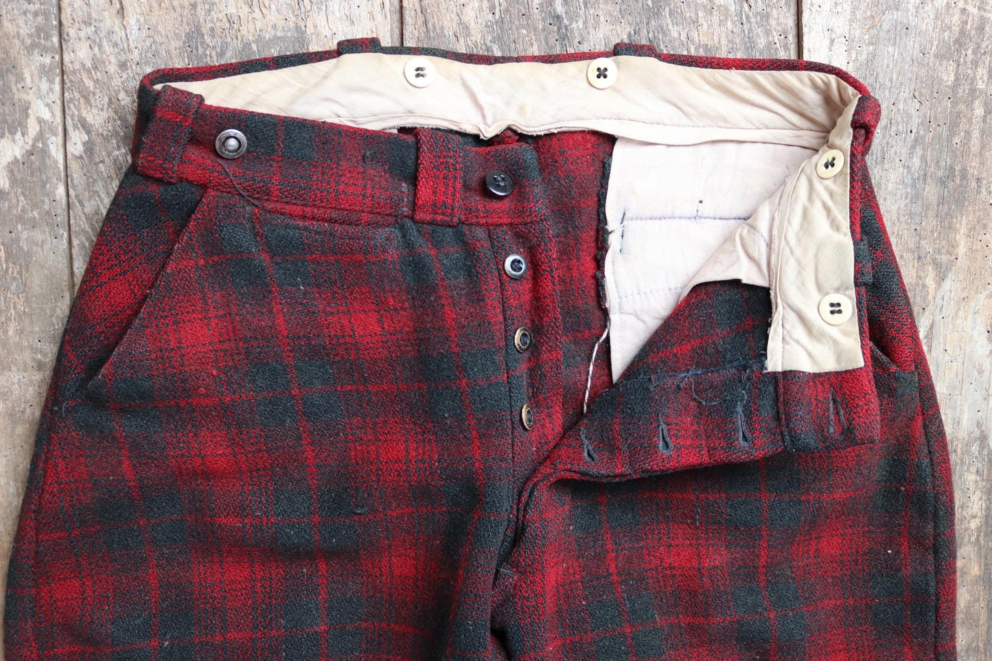 Vintage 1930s 30s 1940s 40s red black checked plaid wool hunting trousers breeches jodhpurs suspender buttons 31" x 26"