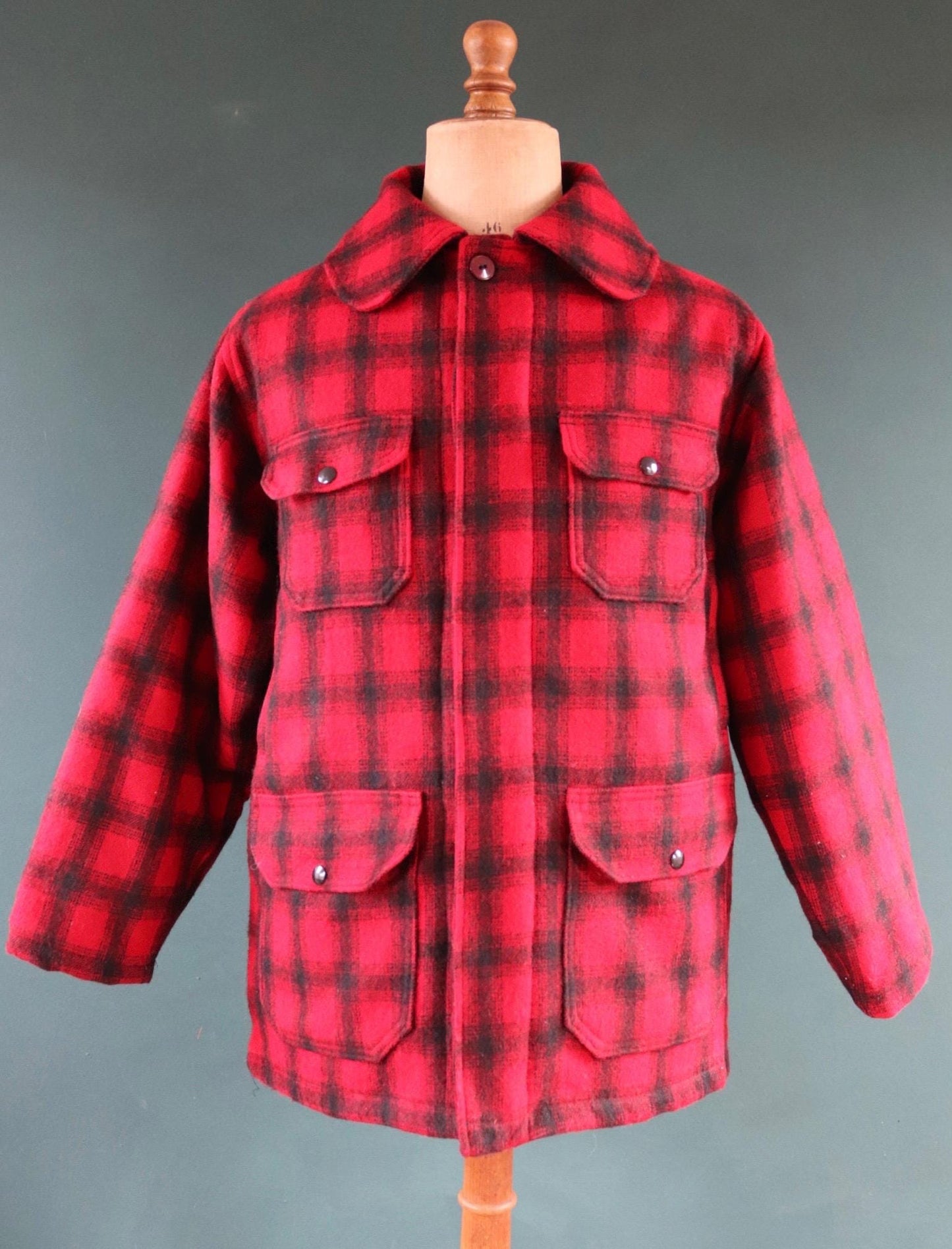 Vintage 1970s 70s 1980s 80s red black plaid Woolrich buffalo wool hunting mackinaw jacket 48” chest workwear work chore checked