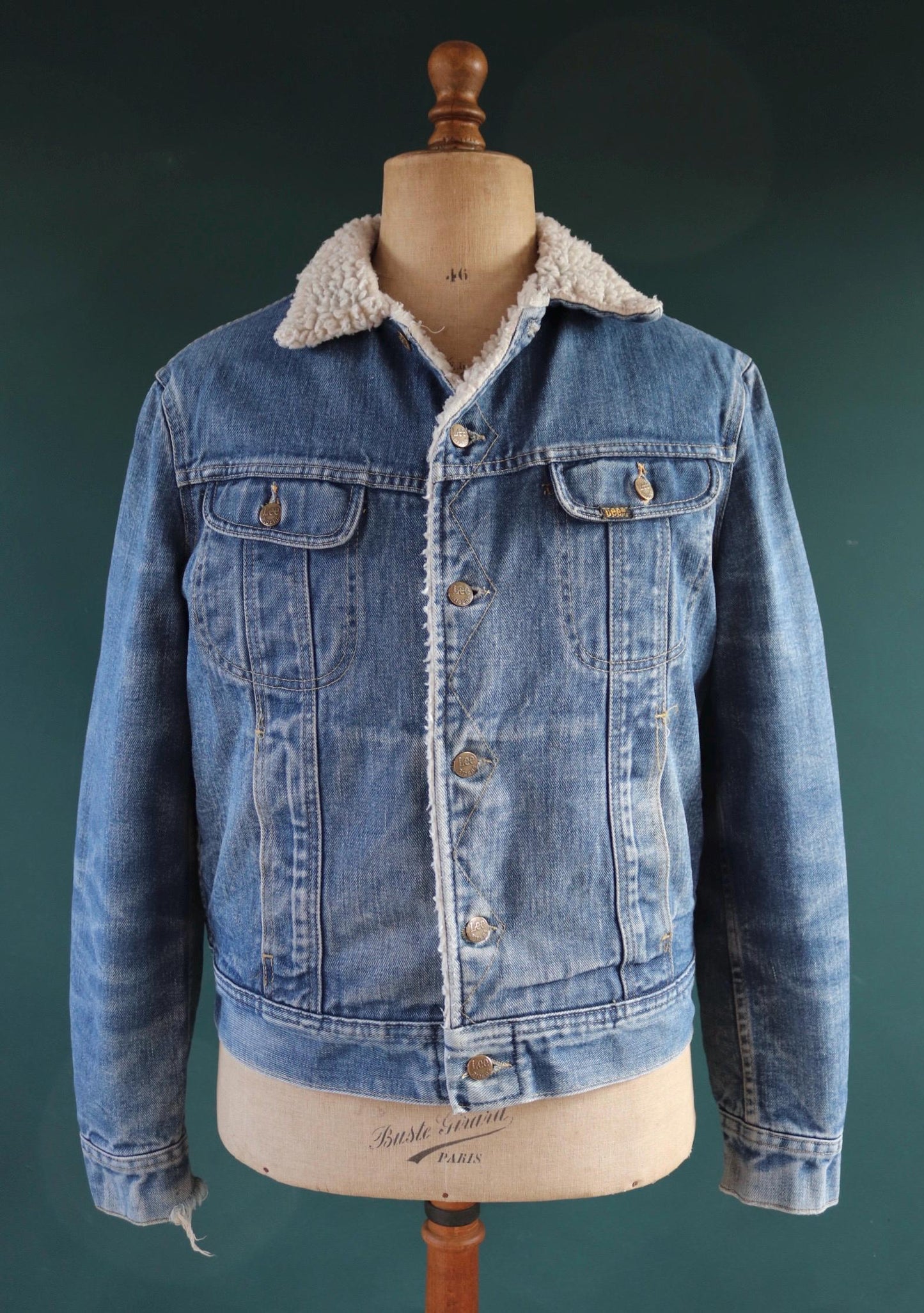 Vintage 1980s 80s Lee Storm Rider denim ranch jacket sherpa lined 44" chest workwear trucker faded