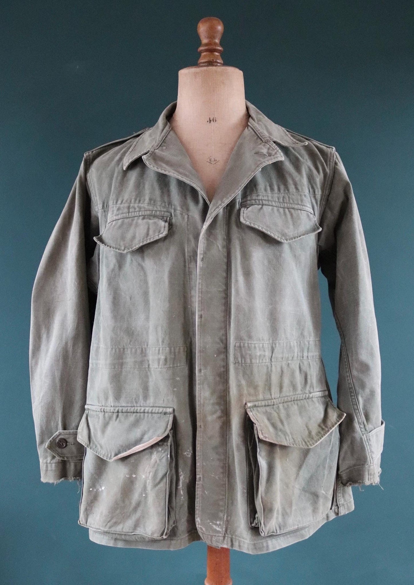 Vintage French army jacket 1950s M47 M 47 field utility military 46” chest khaki green