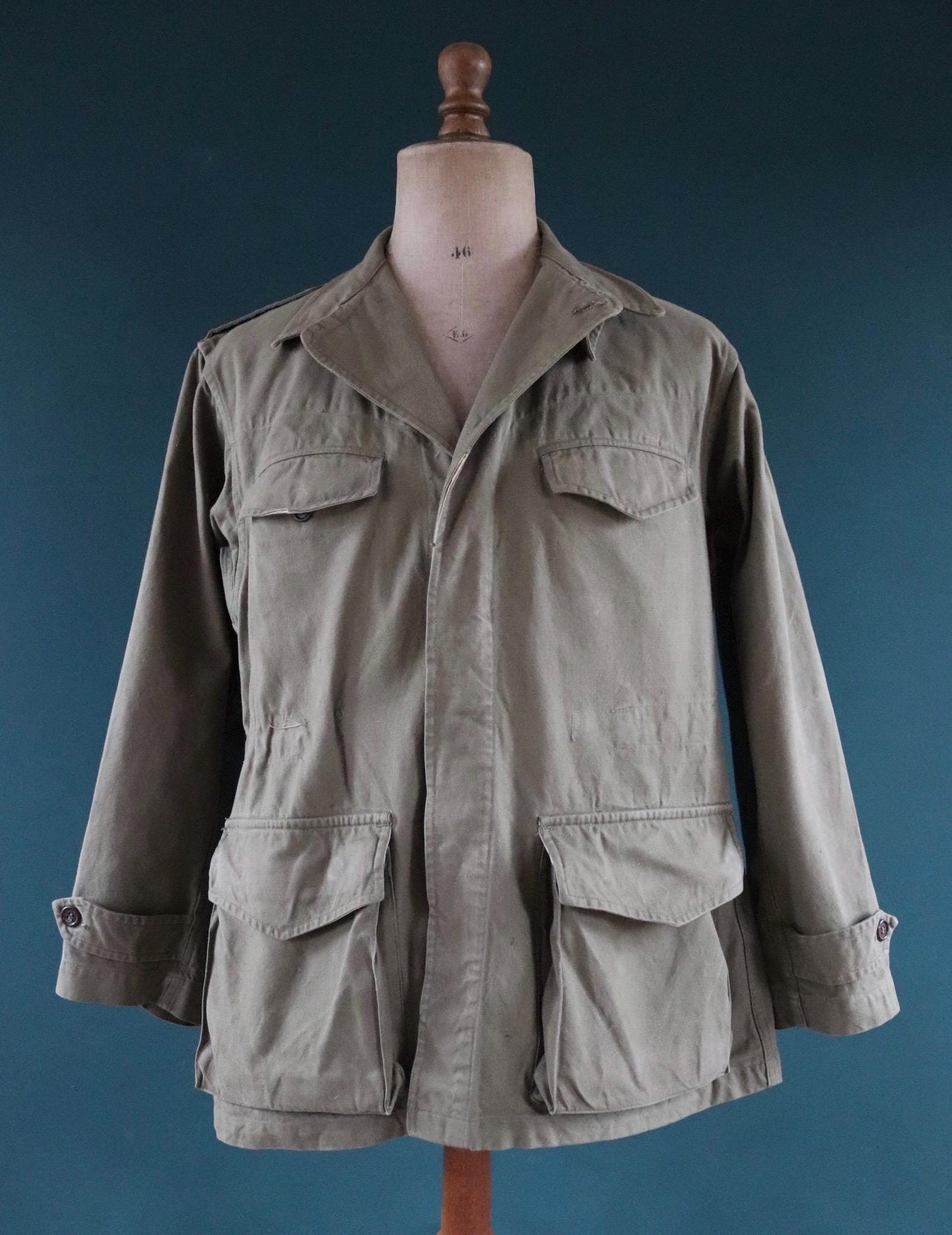 Vintage French army jacket 1950s M47 M 47 field utility military 44” chest khaki green