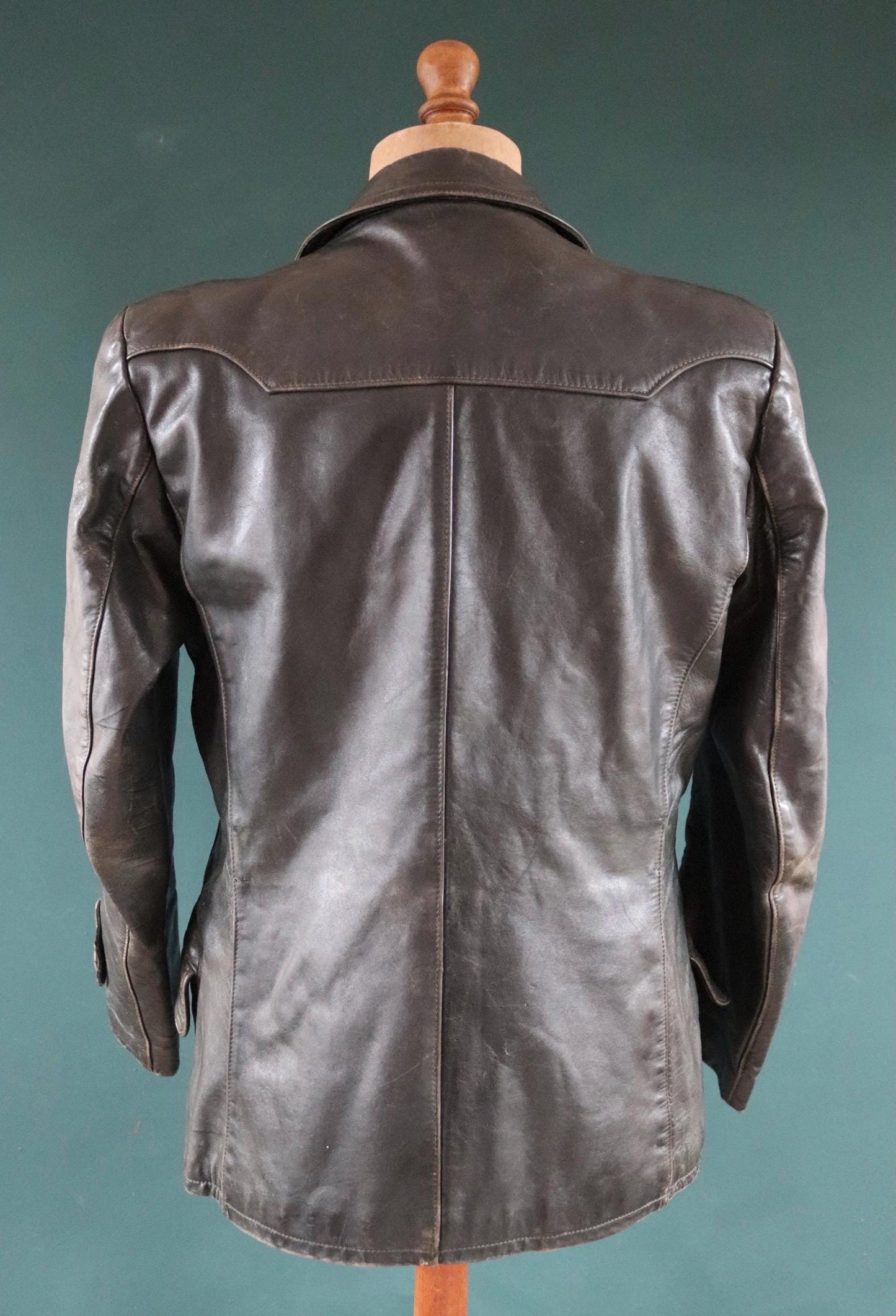Vintage 1950s 50s 1960s 60s leather jacket German dark green horsehide biker motorcycle car coat 42” chest