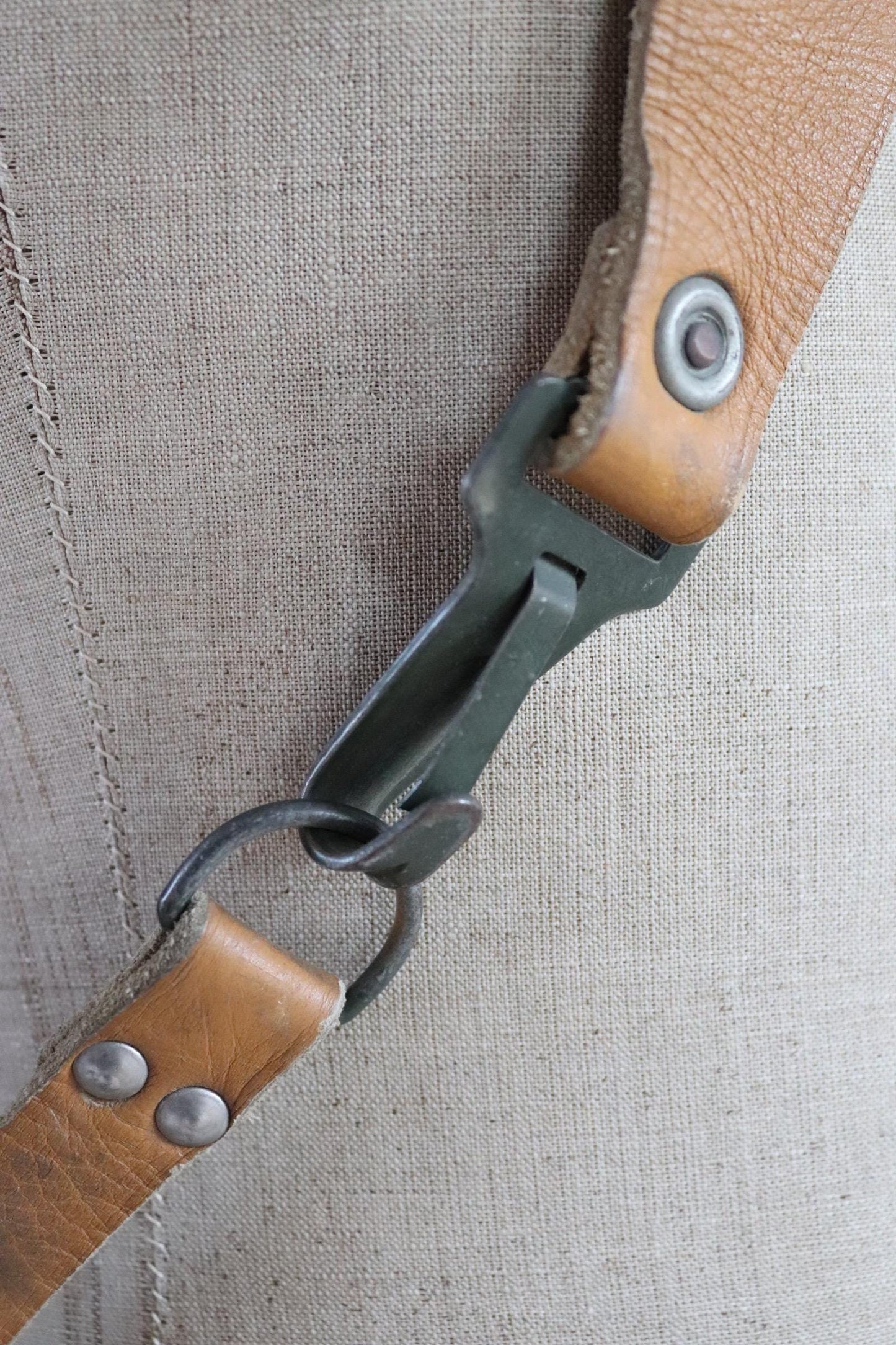 Vintage 1950s 50s French army military Lafuma khaki green rucksack backpack leather cotton canvas camping gear hiking metal frame