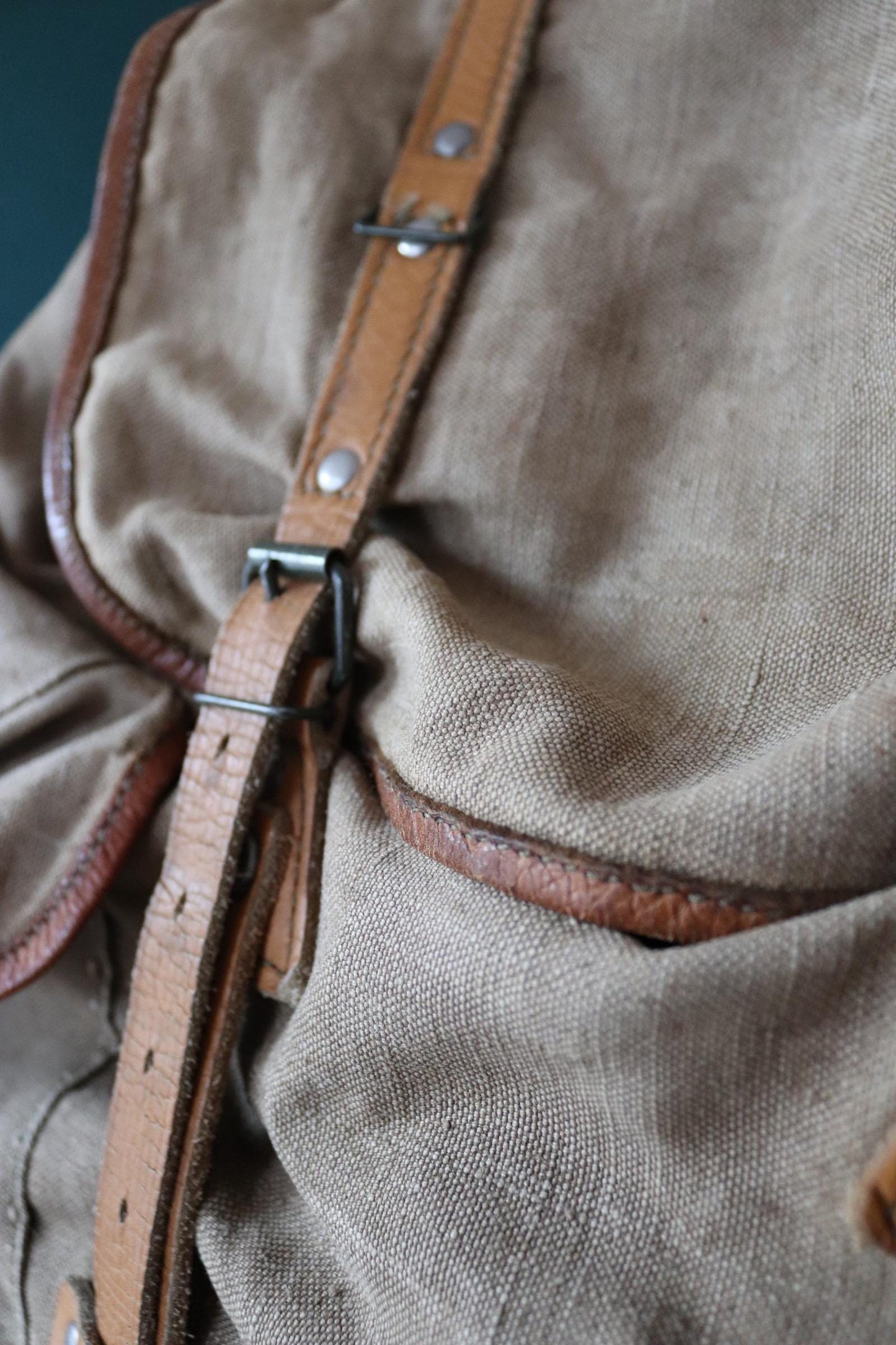 Vintage 1950s 50s French army military Lafuma khaki green rucksack backpack leather cotton canvas camping gear hiking metal frame