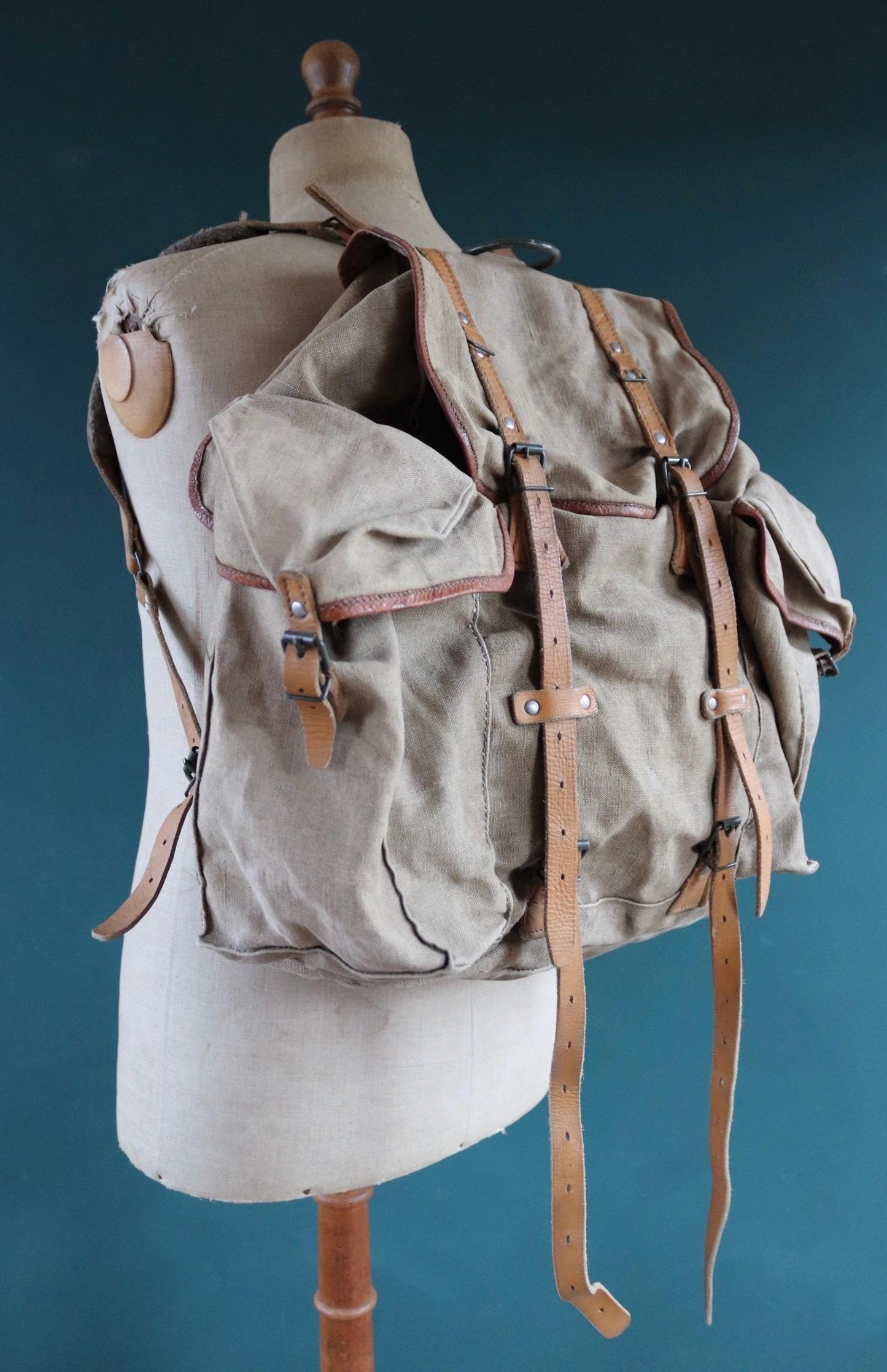 Vintage 1950s 50s French army military Lafuma khaki green rucksack backpack leather cotton canvas camping gear hiking metal frame