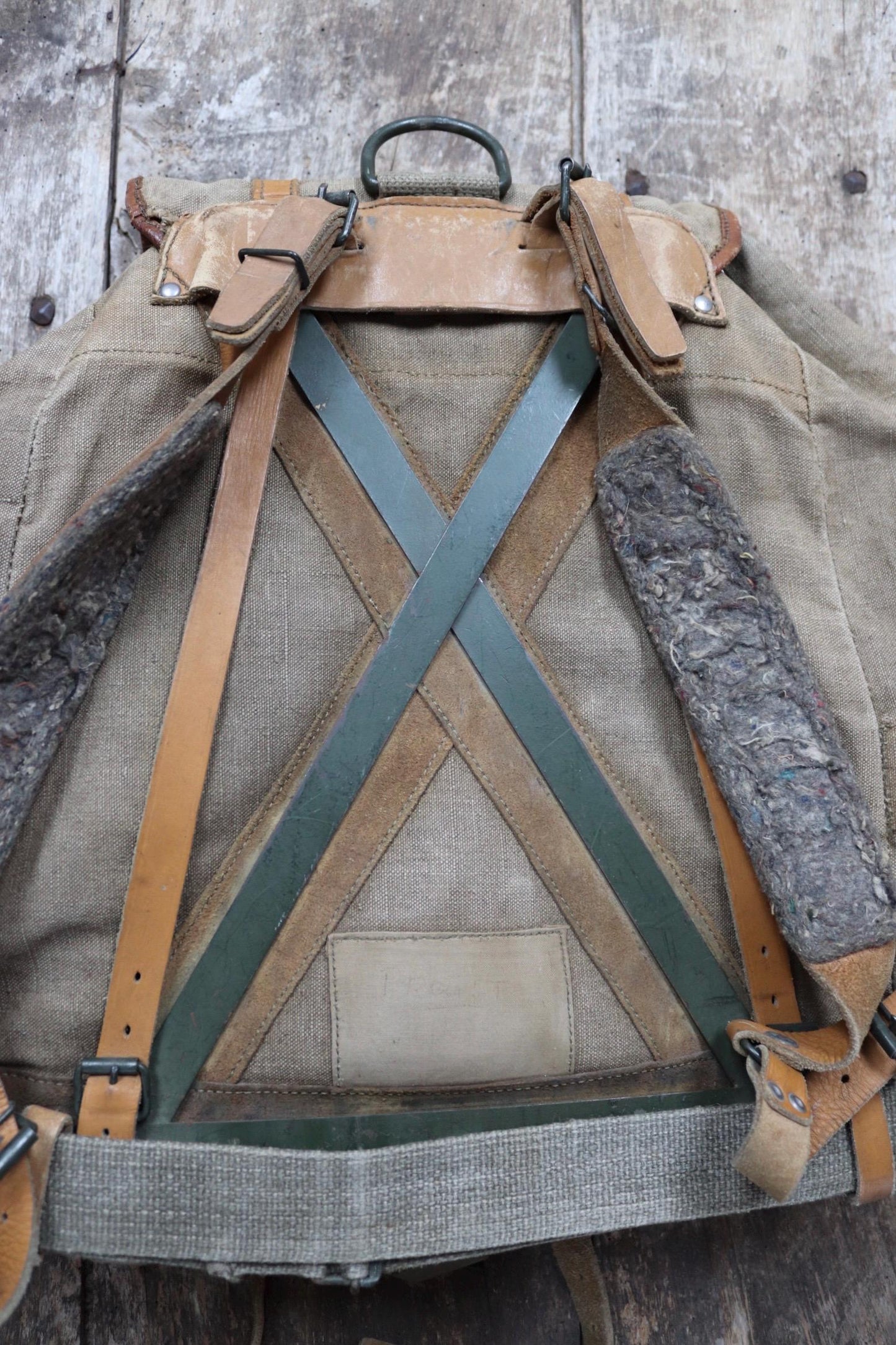 Vintage 1950s 50s French army military Lafuma khaki green rucksack backpack leather cotton canvas camping gear hiking metal frame