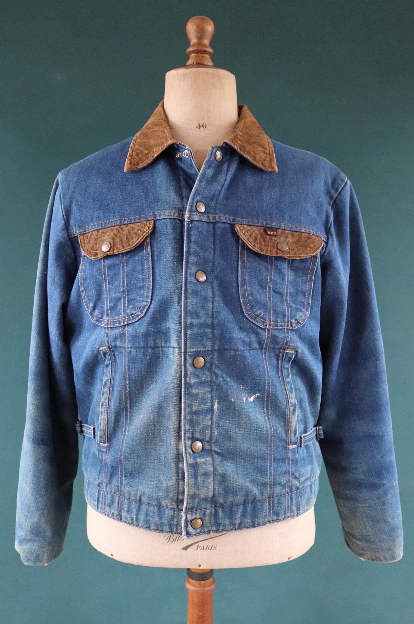 Vintage 1970s 70s 1980s 80s Key Imperial denim quilted lined trucker work jacket 46" chest corduroy collar workwear chore waist cinch