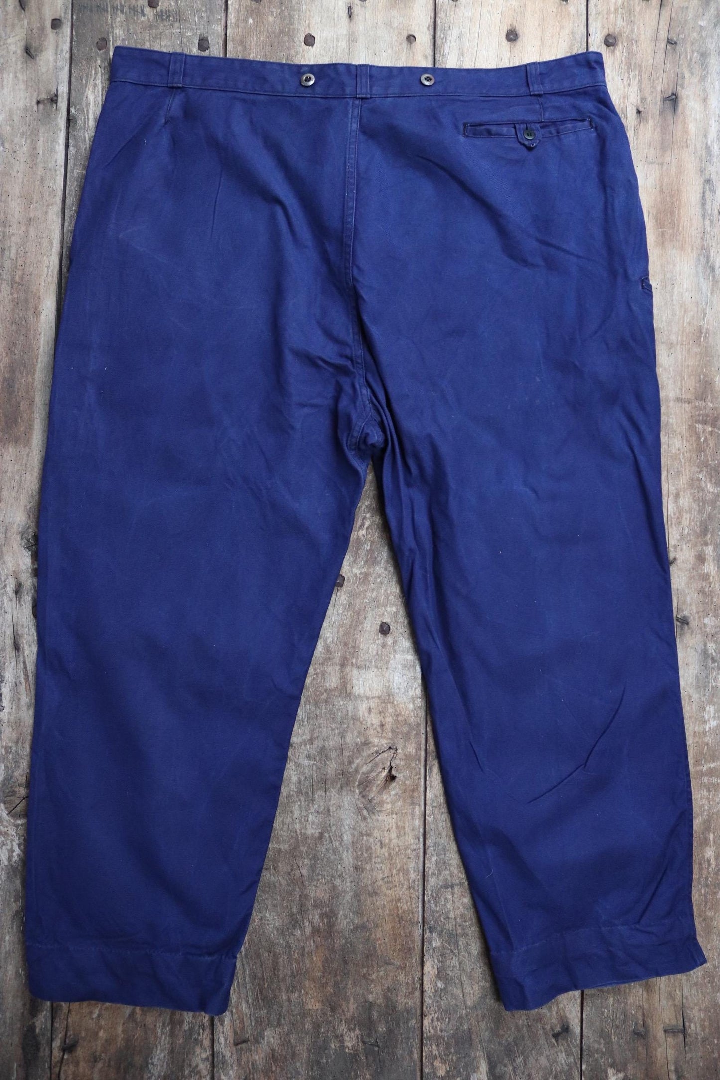 Vintage French workwear trousers pants 1960s 1970s indigo cotton twill work chore 46” x 27”